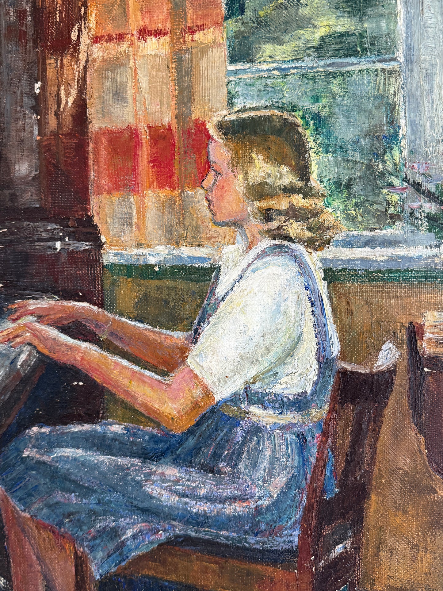 1945 Portrait of a Blonde Girl Playing the Piano Interior Oil Painting in Dark Gold Frame