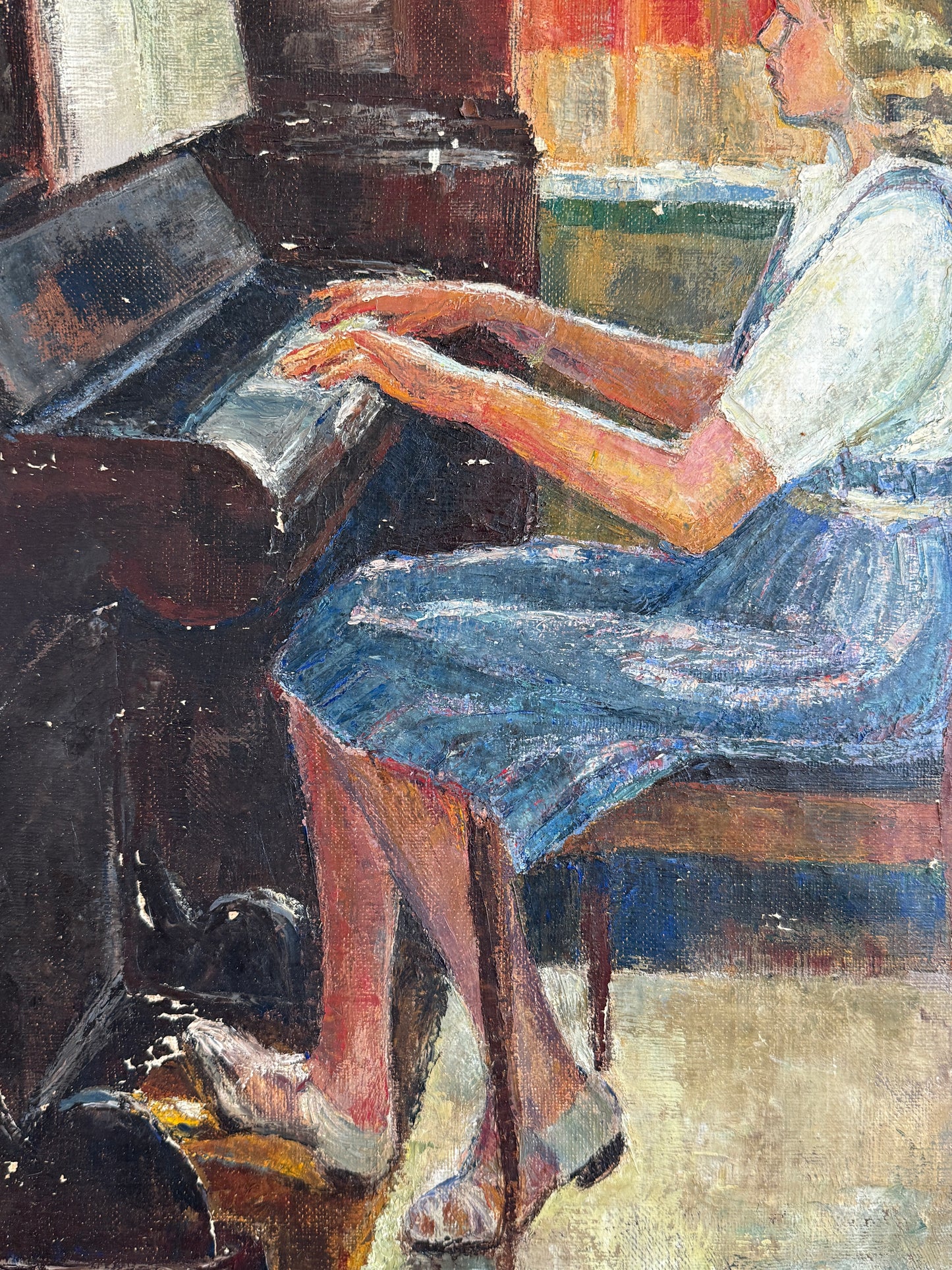 1945 Portrait of a Blonde Girl Playing the Piano Interior Oil Painting in Dark Gold Frame