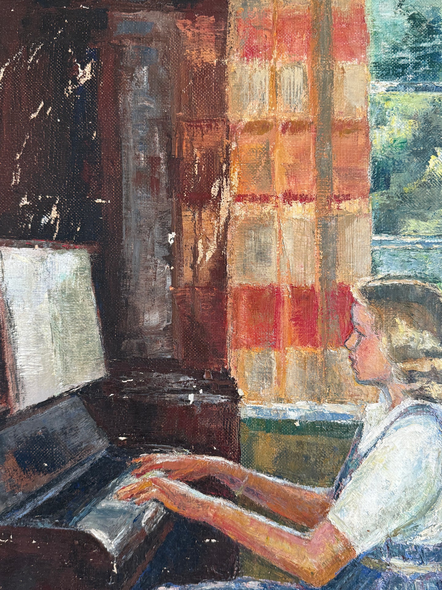 1945 Portrait of a Blonde Girl Playing the Piano Interior Oil Painting in Dark Gold Frame