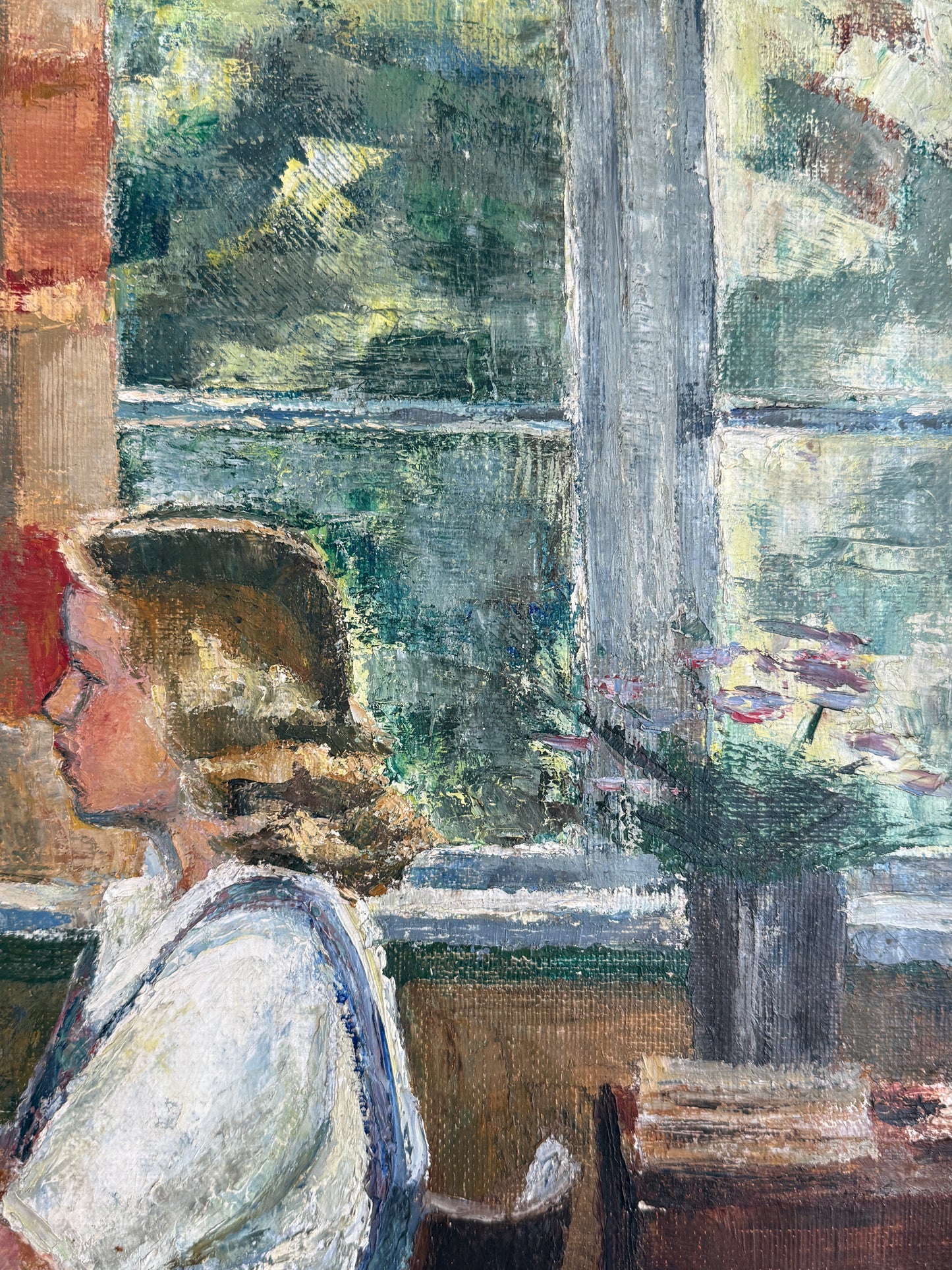 1945 Portrait of a Blonde Girl Playing the Piano Interior Oil Painting in Dark Gold Frame