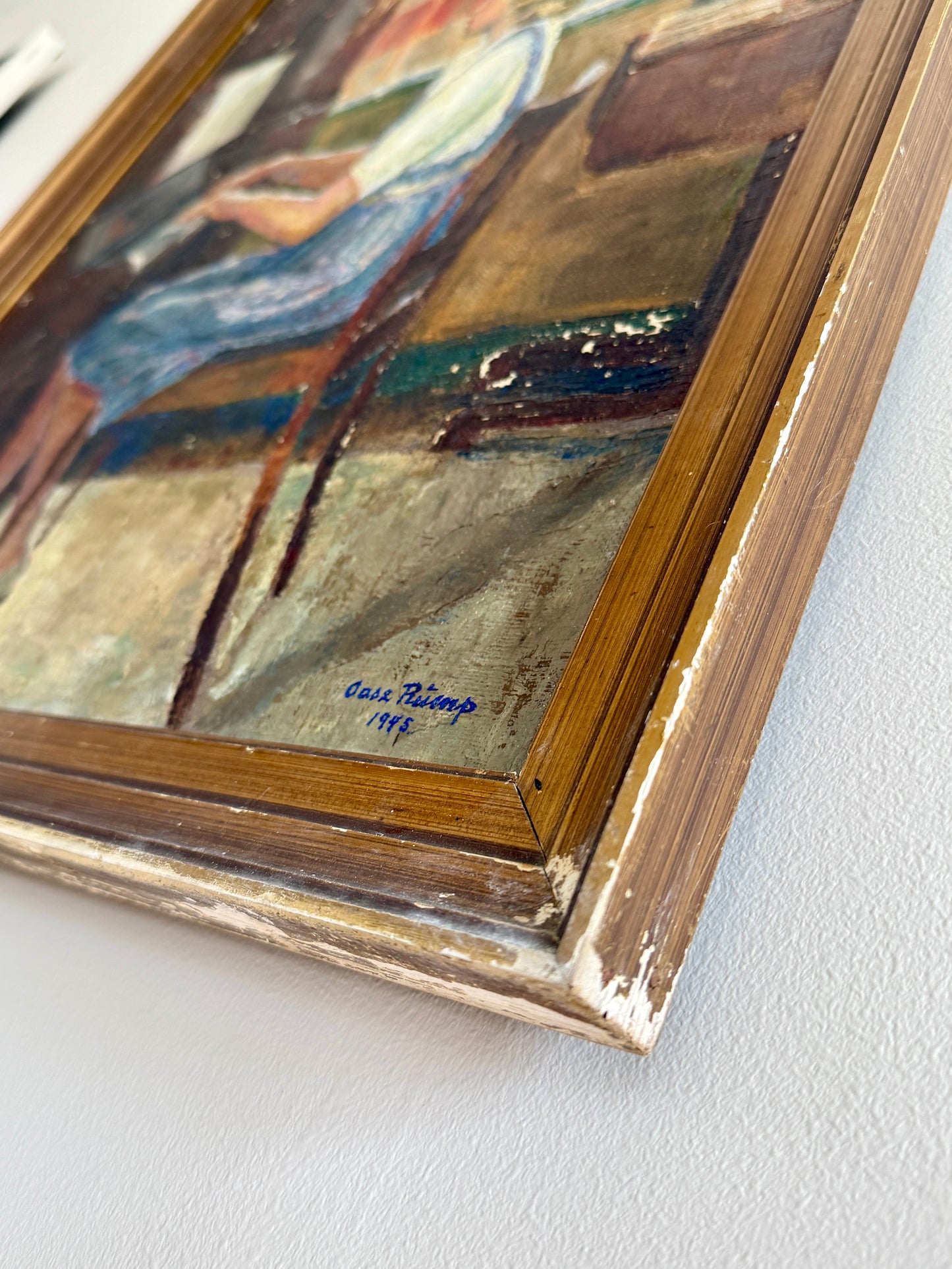 1945 Portrait of a Blonde Girl Playing the Piano Interior Oil Painting in Dark Gold Frame