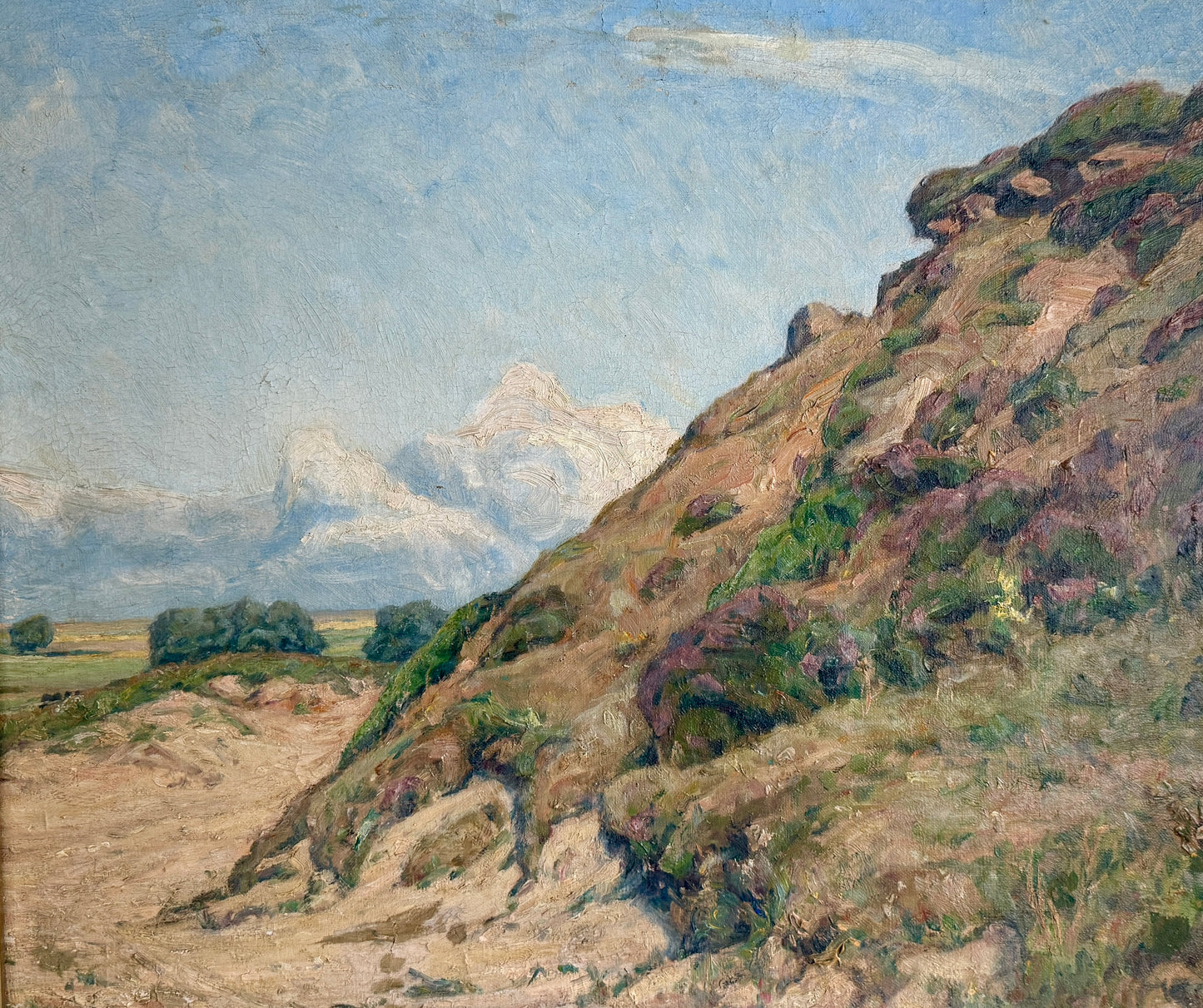 1933 Elisabeth Schiott Sunny Coastal Bluff Landscape Oil Painting in Gold Frame