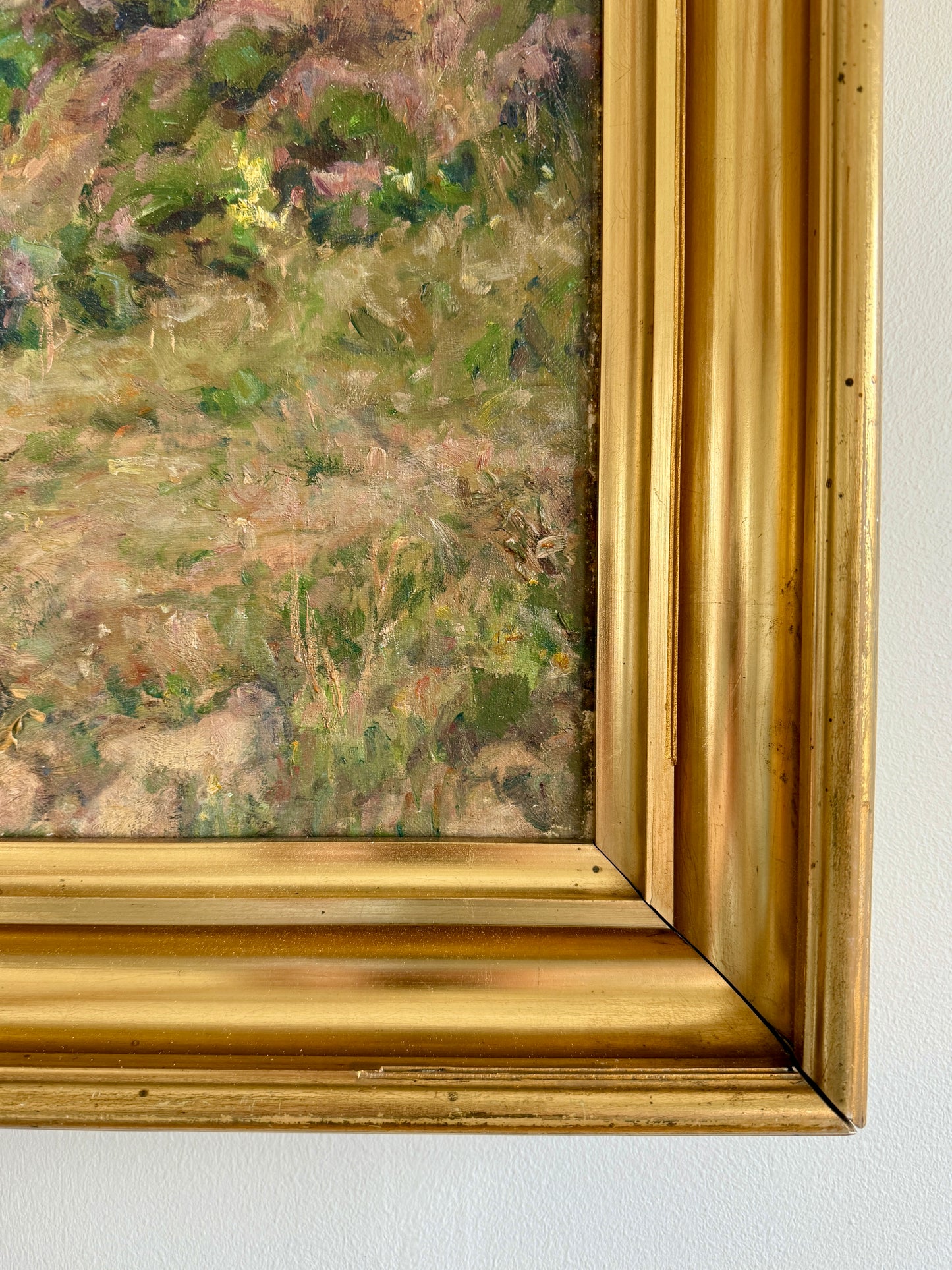 1933 Elisabeth Schiott Sunny Coastal Bluff Landscape Oil Painting in Gold Frame