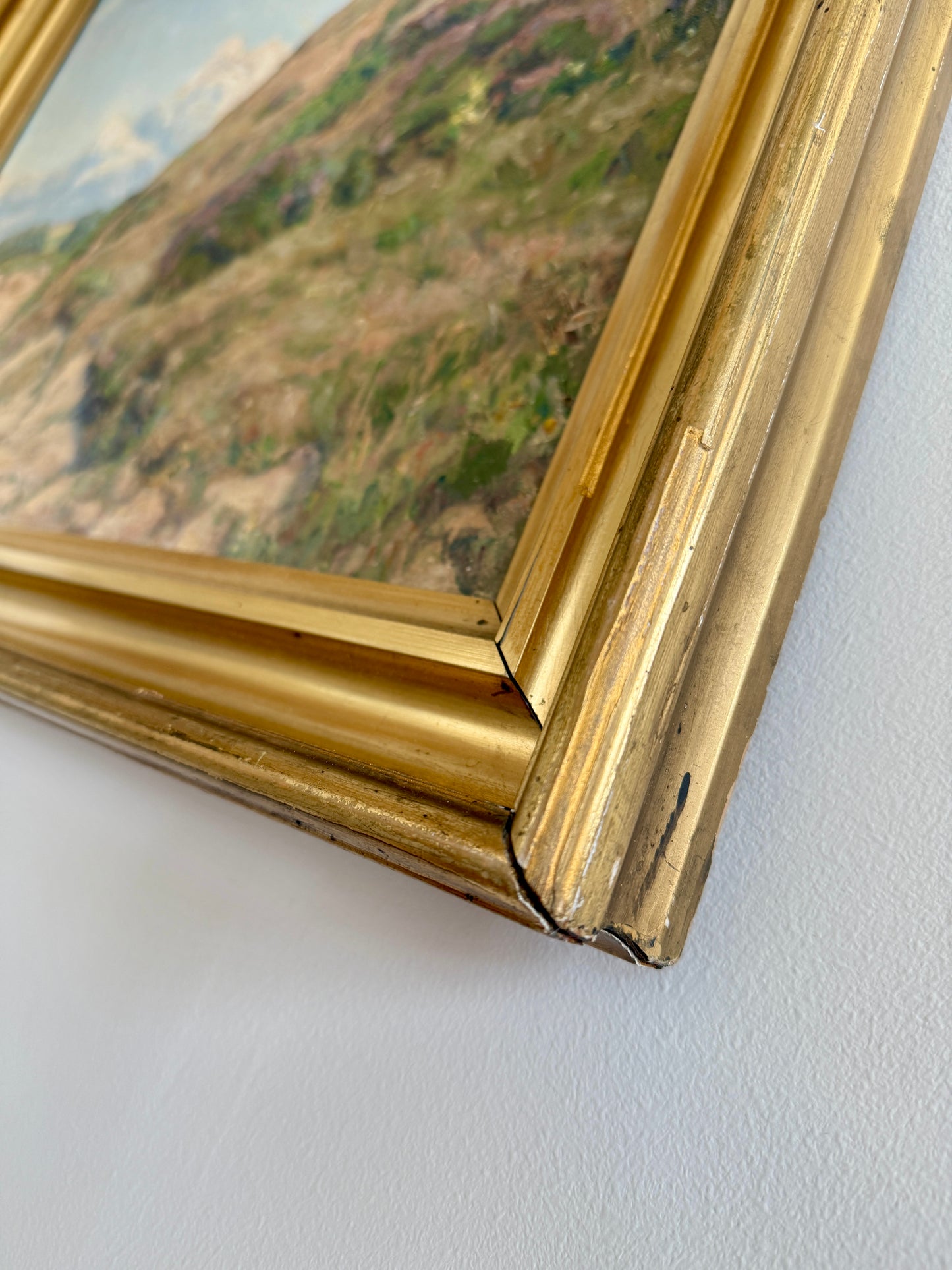 1933 Elisabeth Schiott Sunny Coastal Bluff Landscape Oil Painting in Gold Frame