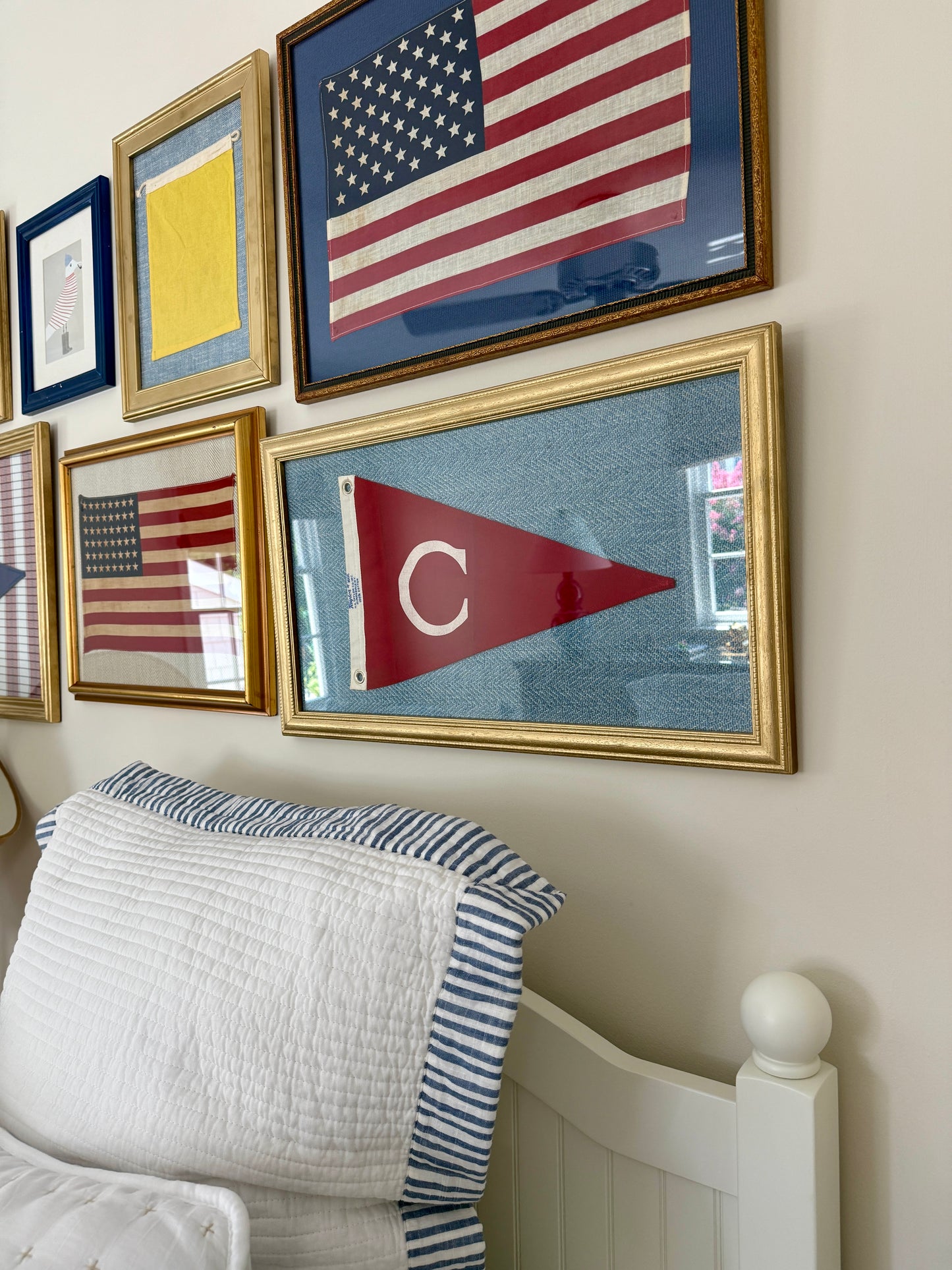 Vintage Red "C" Initial Burgee Nautical Flag on Light Blue Herringbone in Gold Frame