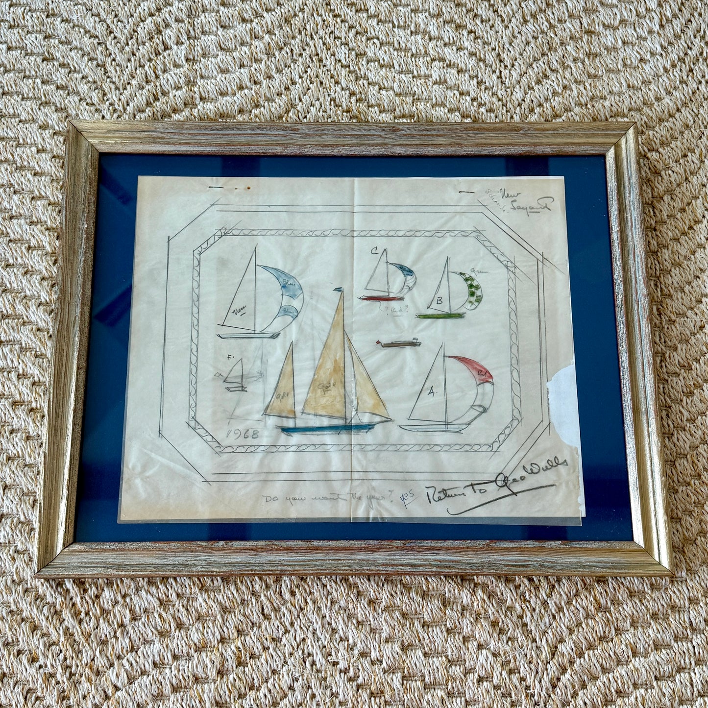 George Wells 1968 Nautical Sailboat Rug Design Sketch in Gilded Wood Frame