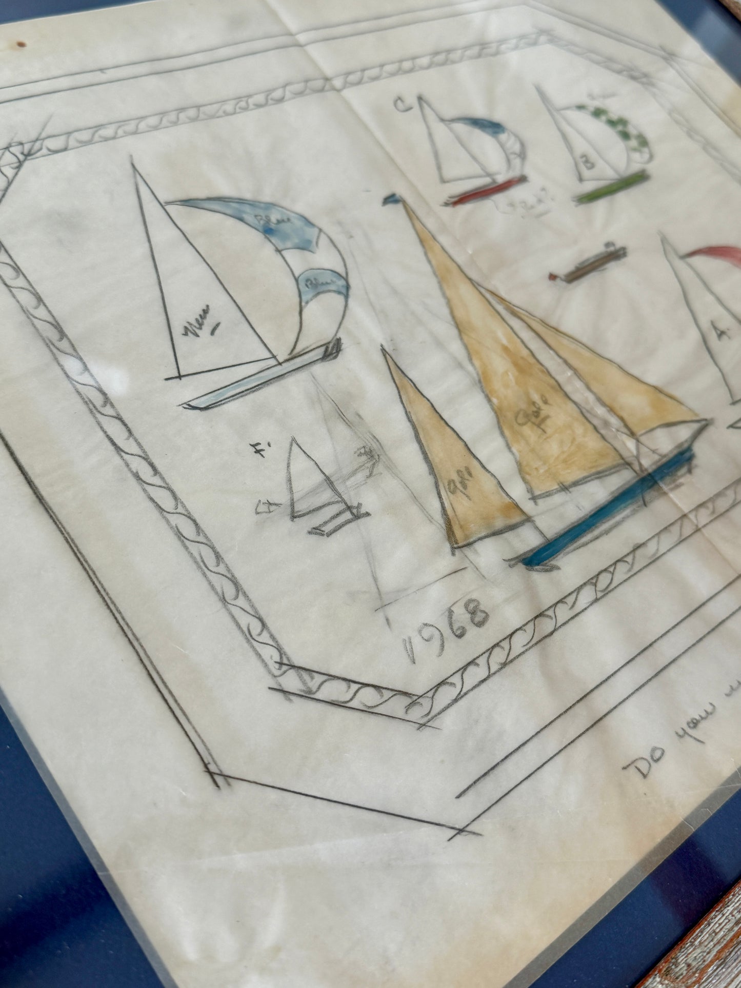 George Wells 1968 Nautical Sailboat Rug Design Sketch in Gilded Wood Frame