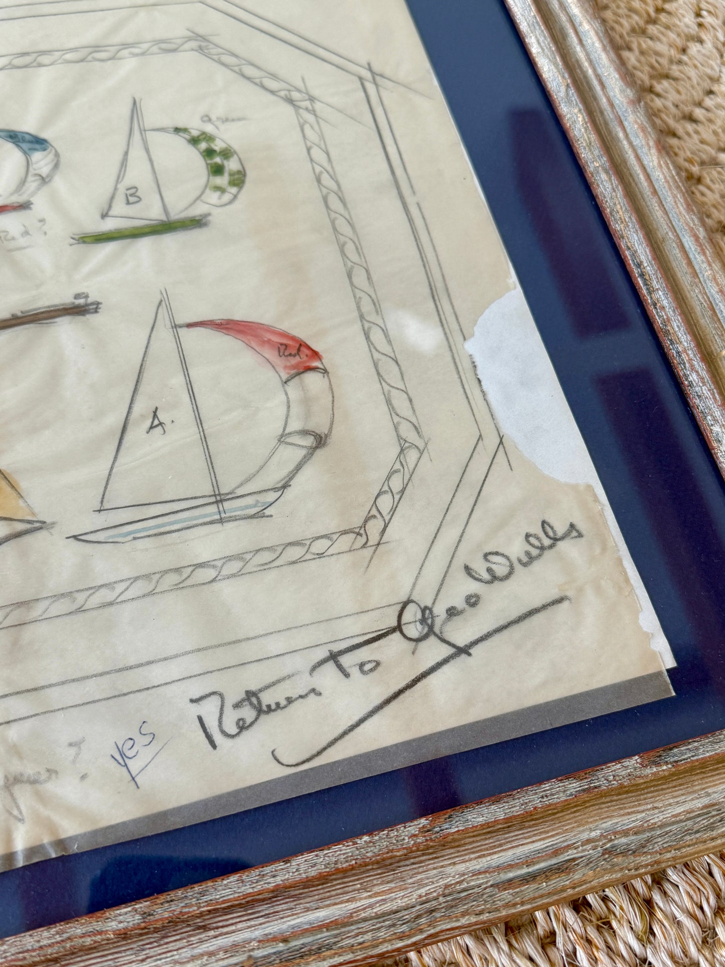 George Wells 1968 Nautical Sailboat Rug Design Sketch in Gilded Wood Frame