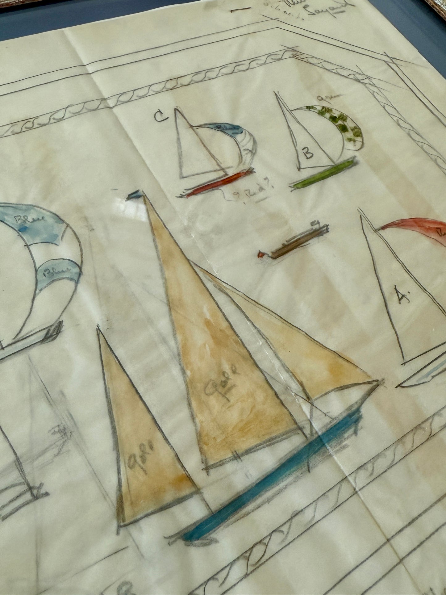 George Wells 1968 Nautical Sailboat Rug Design Sketch in Gilded Wood Frame