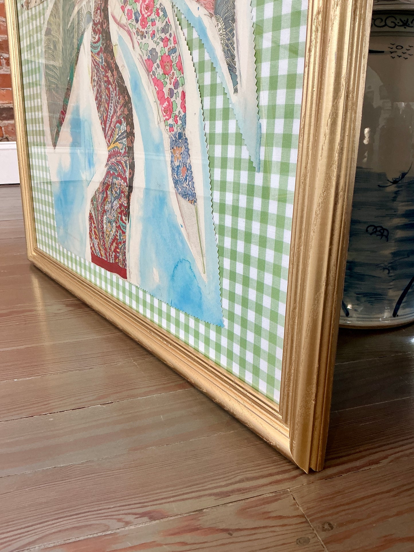 Vintage Liberty of London Fabric Sunflower Portrait on Light Green Gingham in Gold Frame