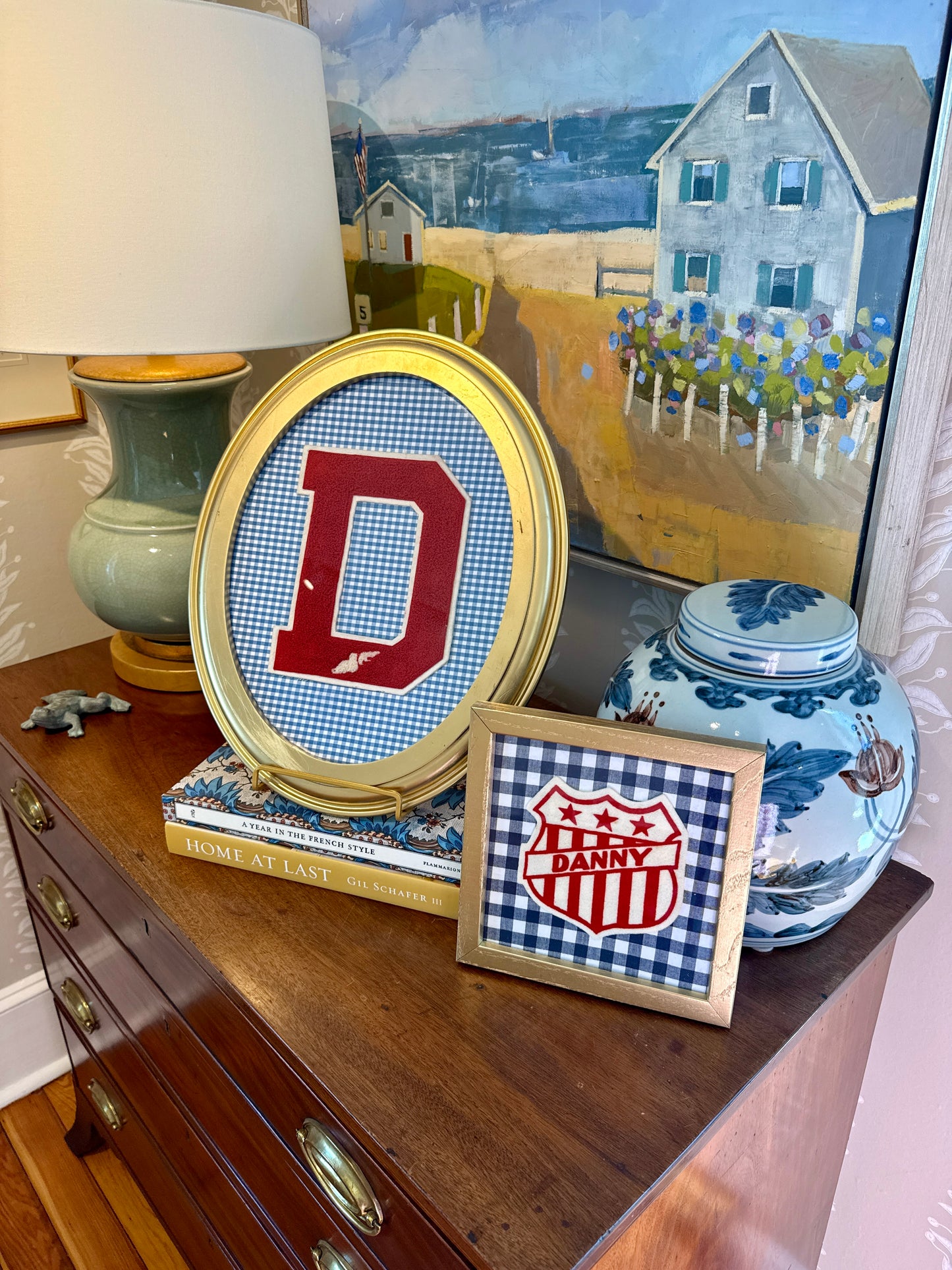 Vintage Varsity Jacket Danny Name Patch on Navy Gingham in Gold Frame