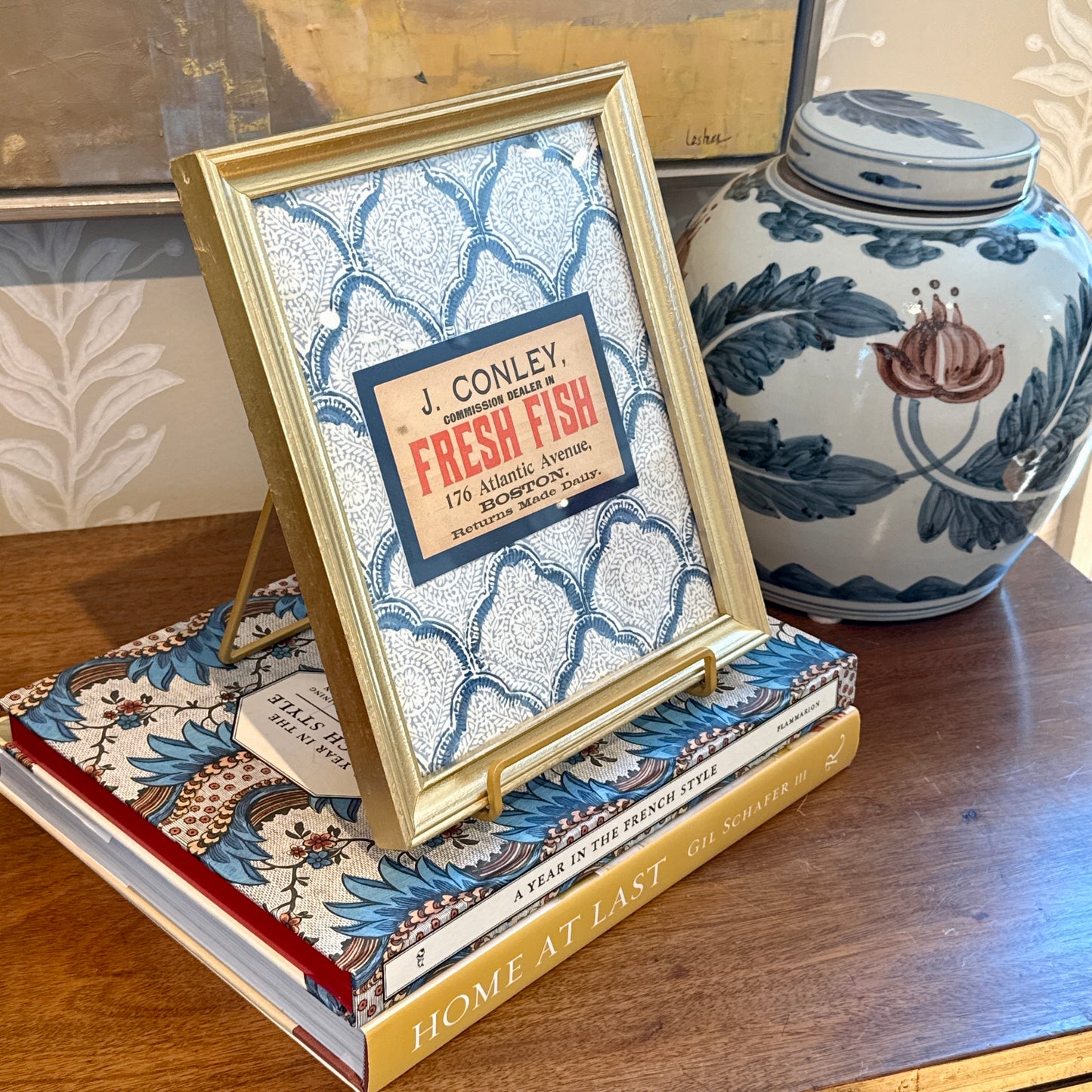Fresh Fish Early 20th Century Boston Fishmonger's Tag on Blue Kravet Trellis Fabric in Gold Frame