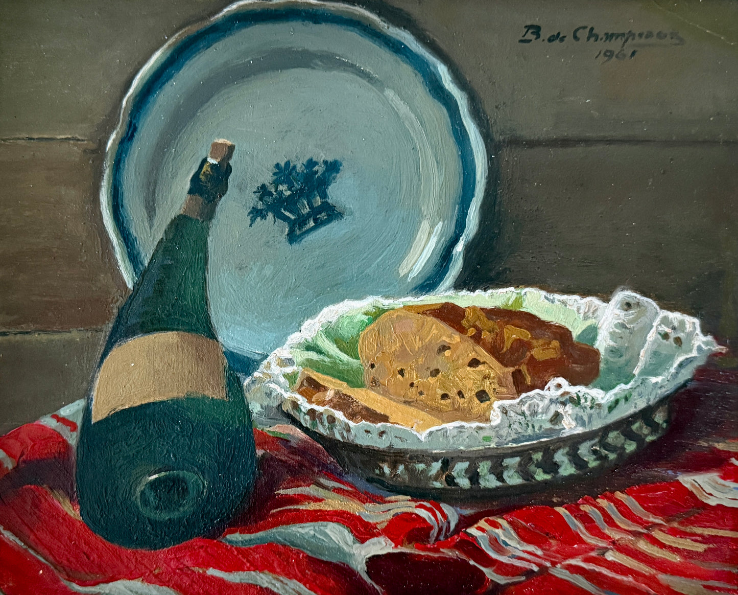 Bertrand Edouard de Champeaux French Tabletop Still Life Armagnac and Blue and White Plate Oil Painting in Gold Frame