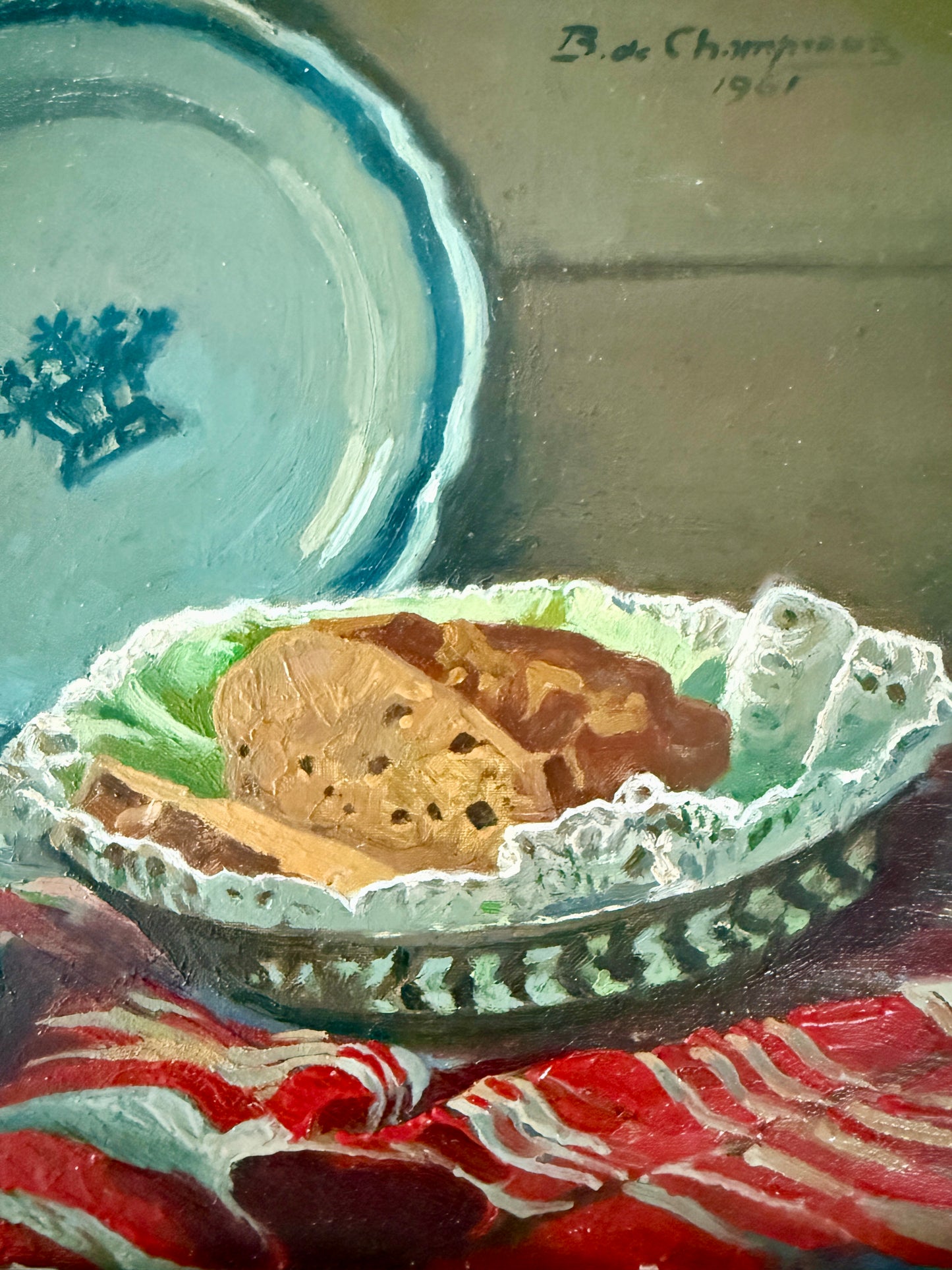 Bertrand Edouard de Champeaux French Tabletop Still Life Armagnac and Blue and White Plate Oil Painting in Gold Frame