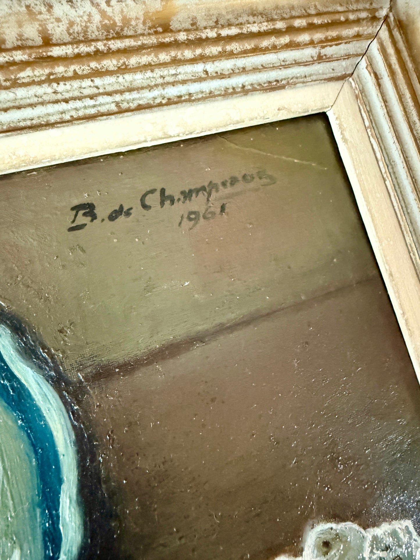 Bertrand Edouard de Champeaux French Tabletop Still Life Armagnac and Blue and White Plate Oil Painting in Gold Frame