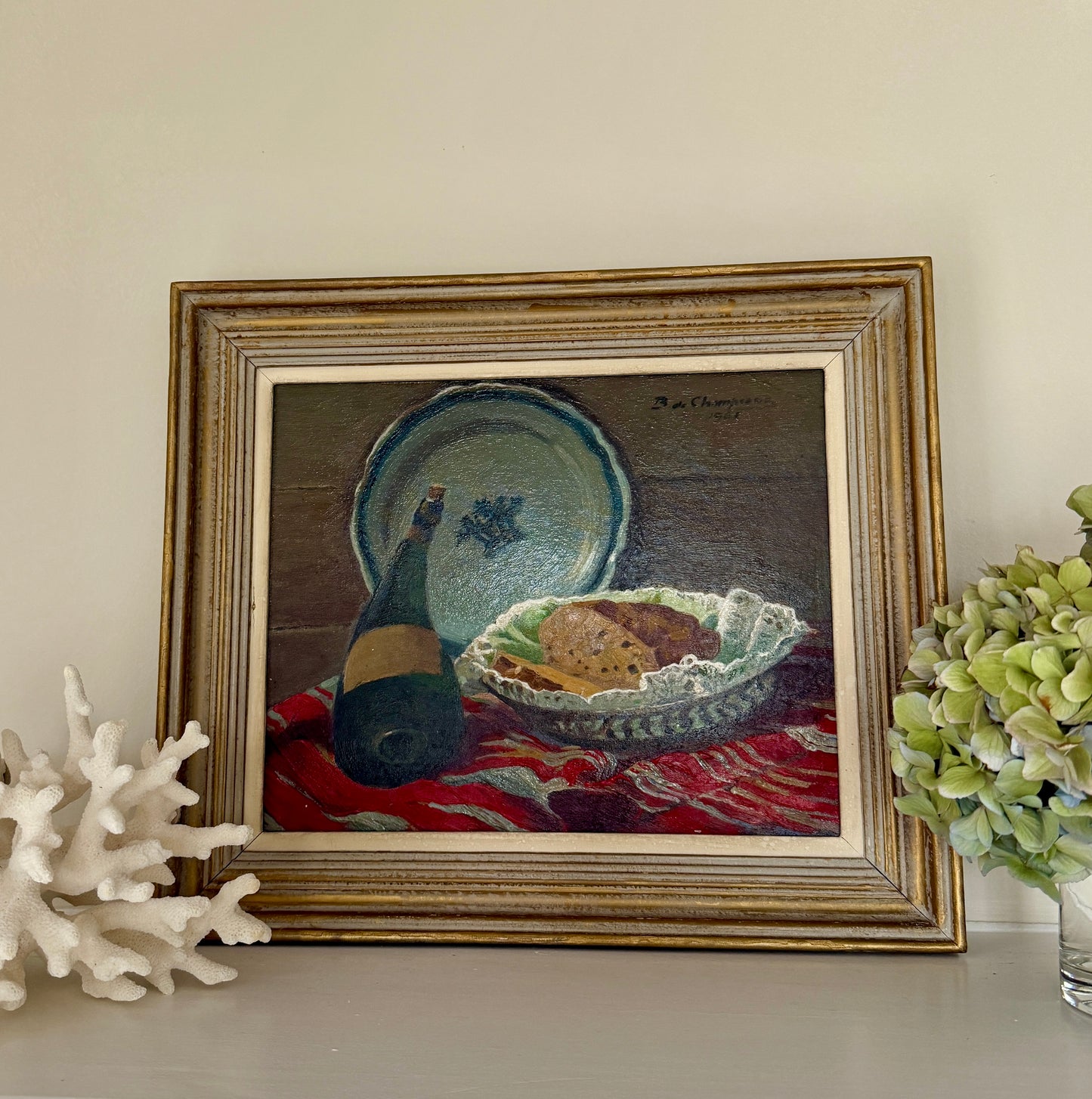 Bertrand Edouard de Champeaux French Tabletop Still Life Armagnac and Blue and White Plate Oil Painting in Gold Frame
