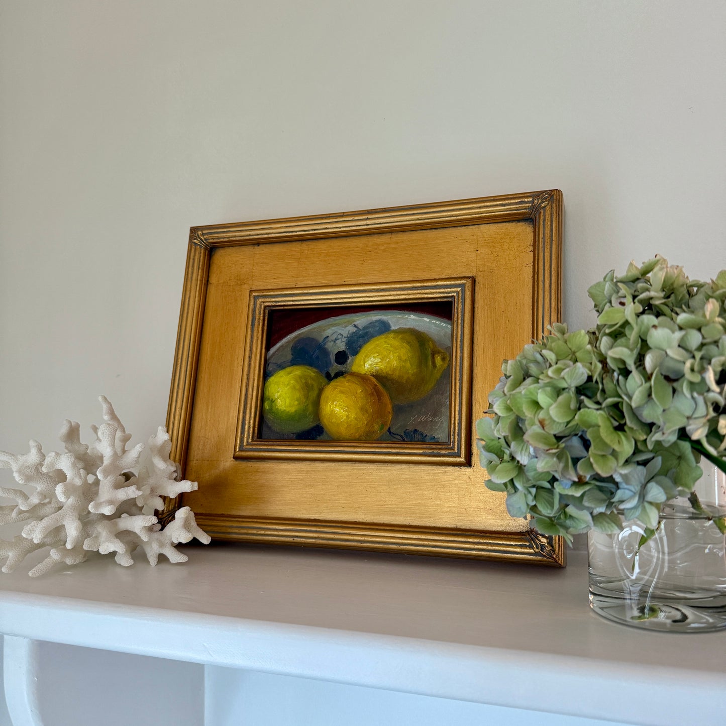 Blue and White Bowl with Lemons Contemporary Still Life Oil Painting in Gold Frame