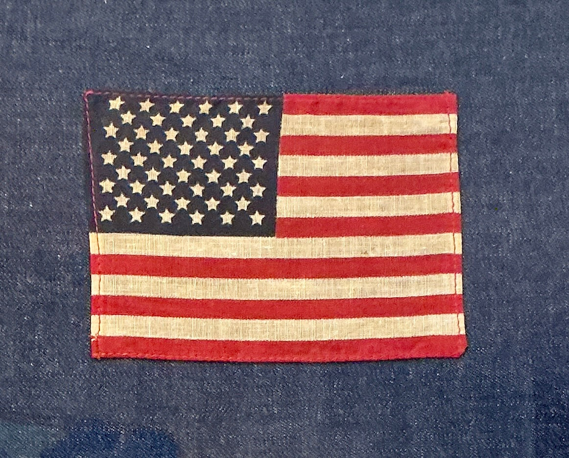 Vintage 50 Star American Parade Flag on Chambray in Antique Tiger Maple and Gilded Frame