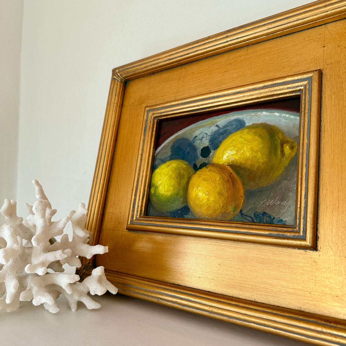 Blue and White Bowl with Lemons Contemporary Still Life Oil Painting in Gold Frame