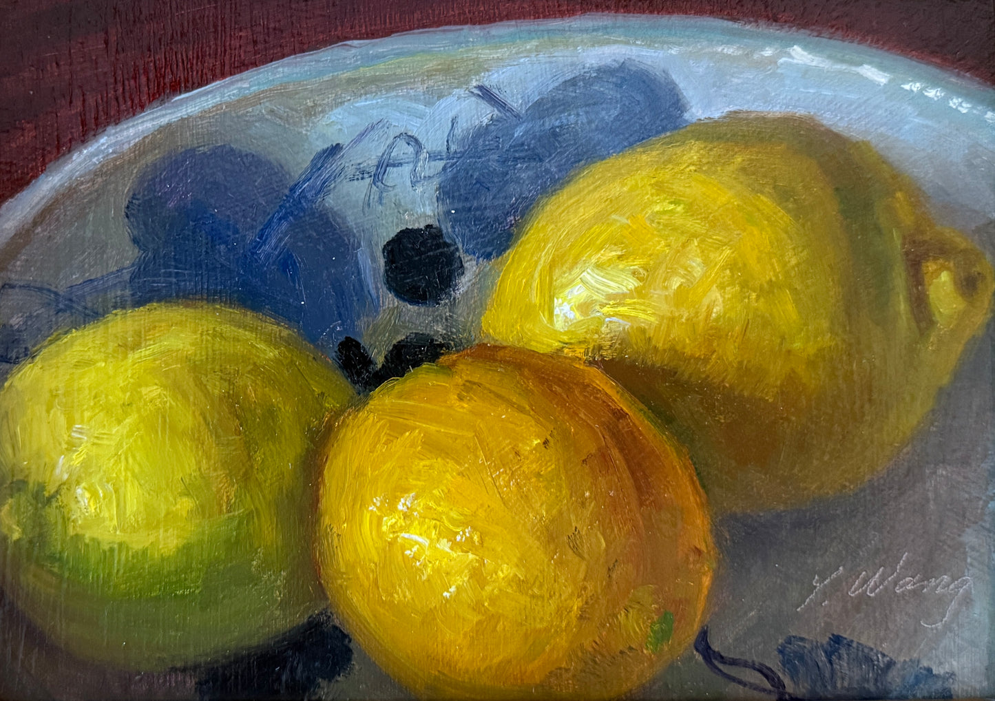 Blue and White Bowl with Lemons Contemporary Still Life Oil Painting in Gold Frame