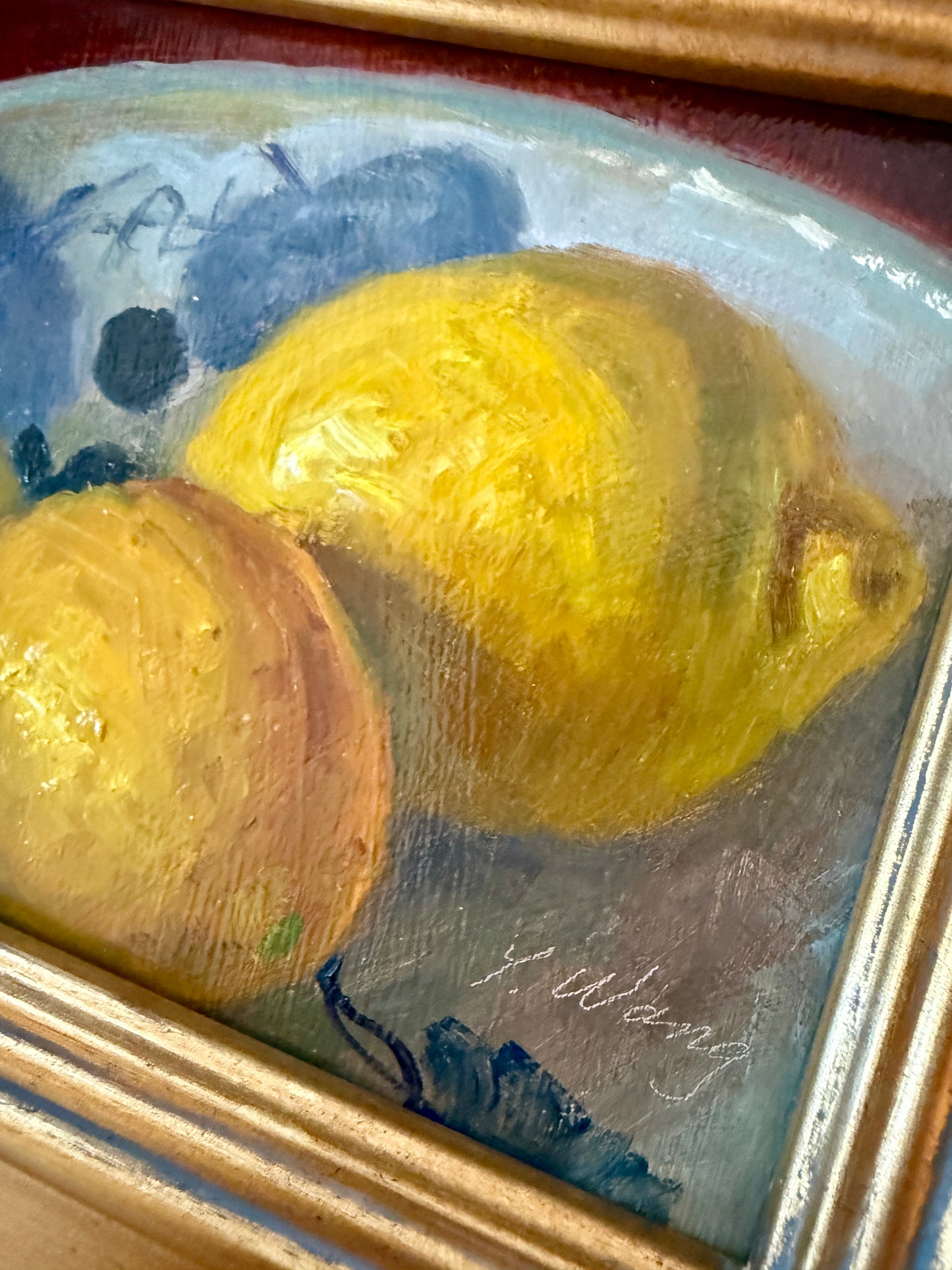 Blue and White Bowl with Lemons Contemporary Still Life Oil Painting in Gold Frame