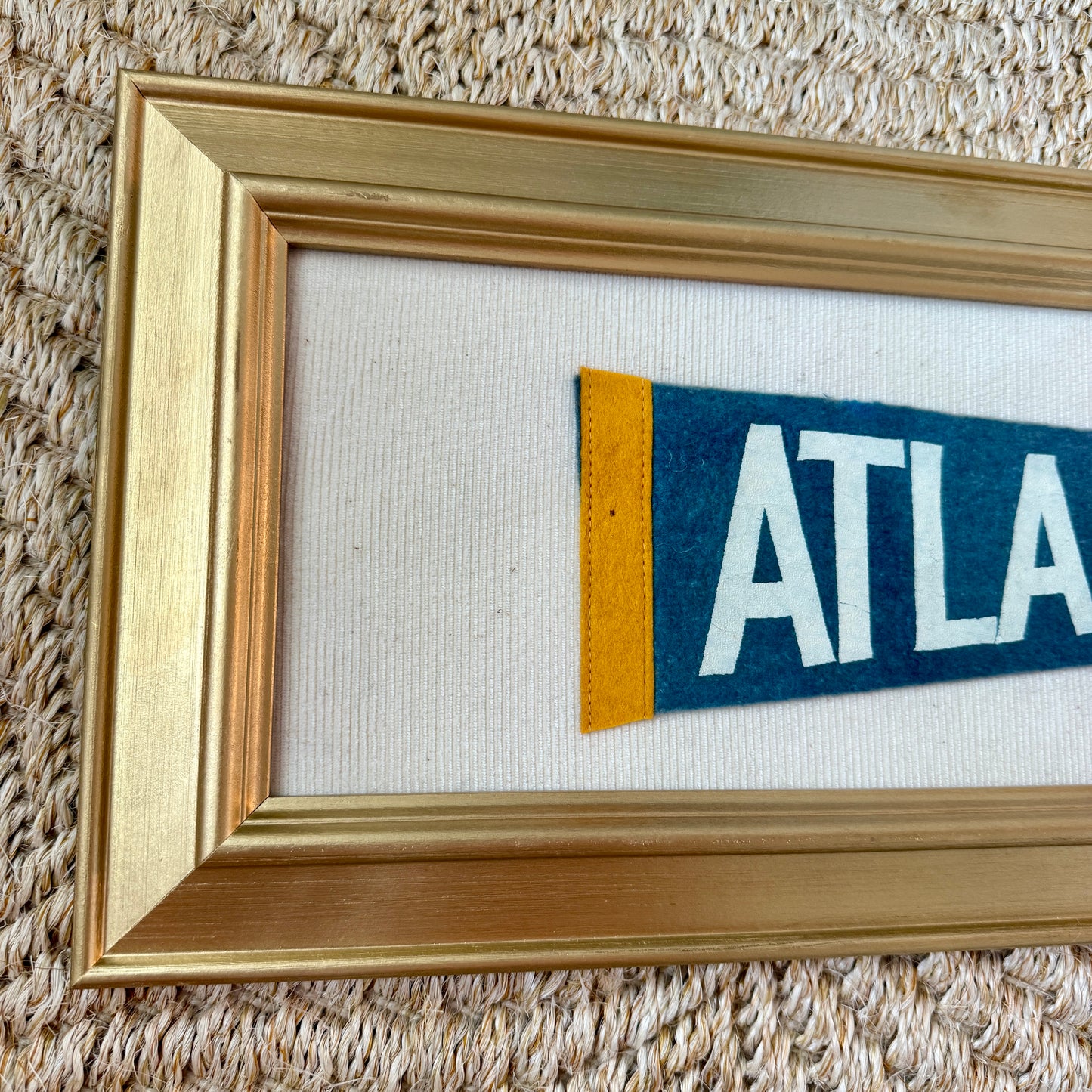 Early 20th Century Large Atlantic City Wool Penant on Ivory Fine Corduroy in Gold Frame