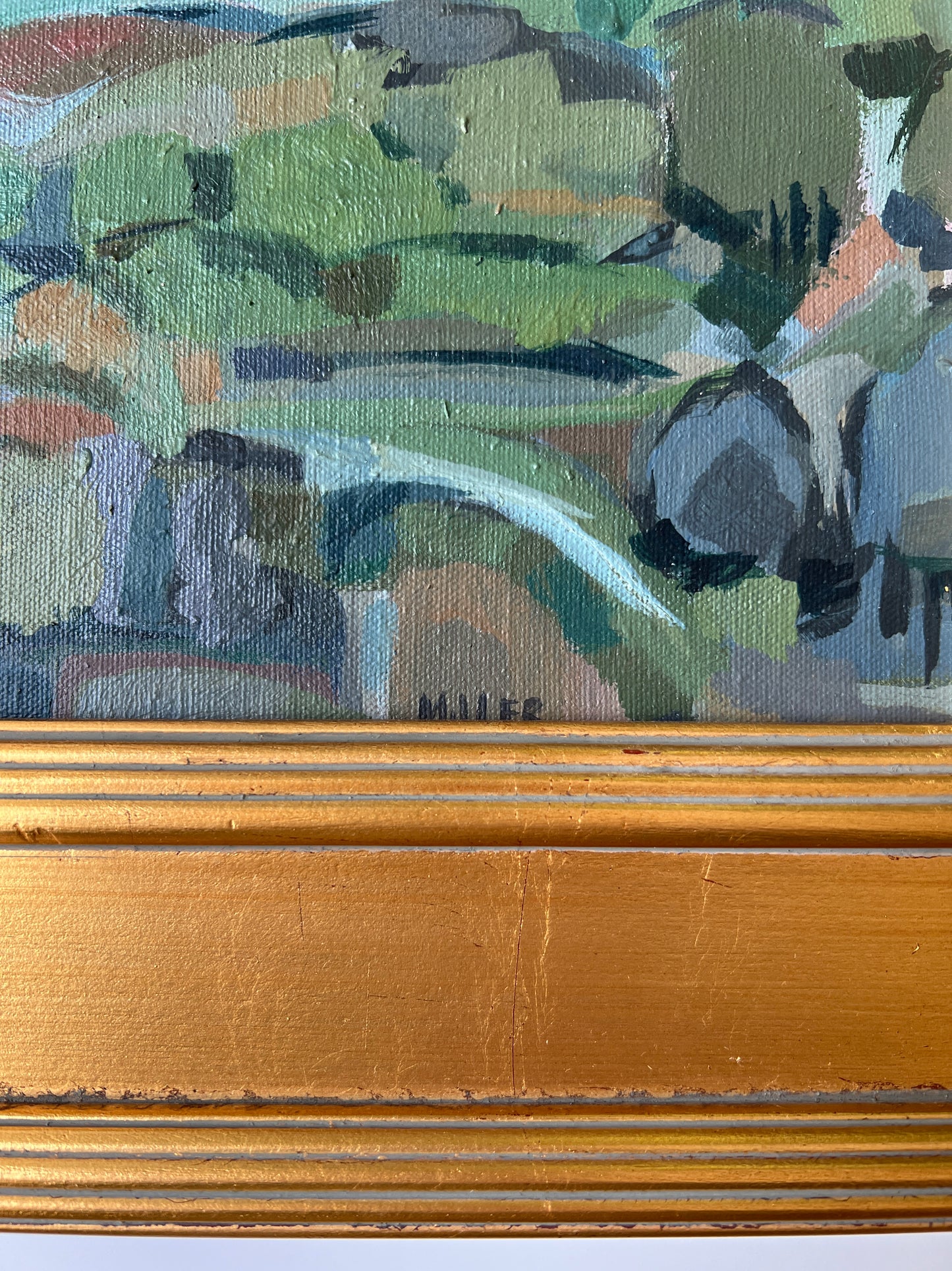Marlene E. Miller Moody Expressionist Landscape Oil Painting in Gold Frame