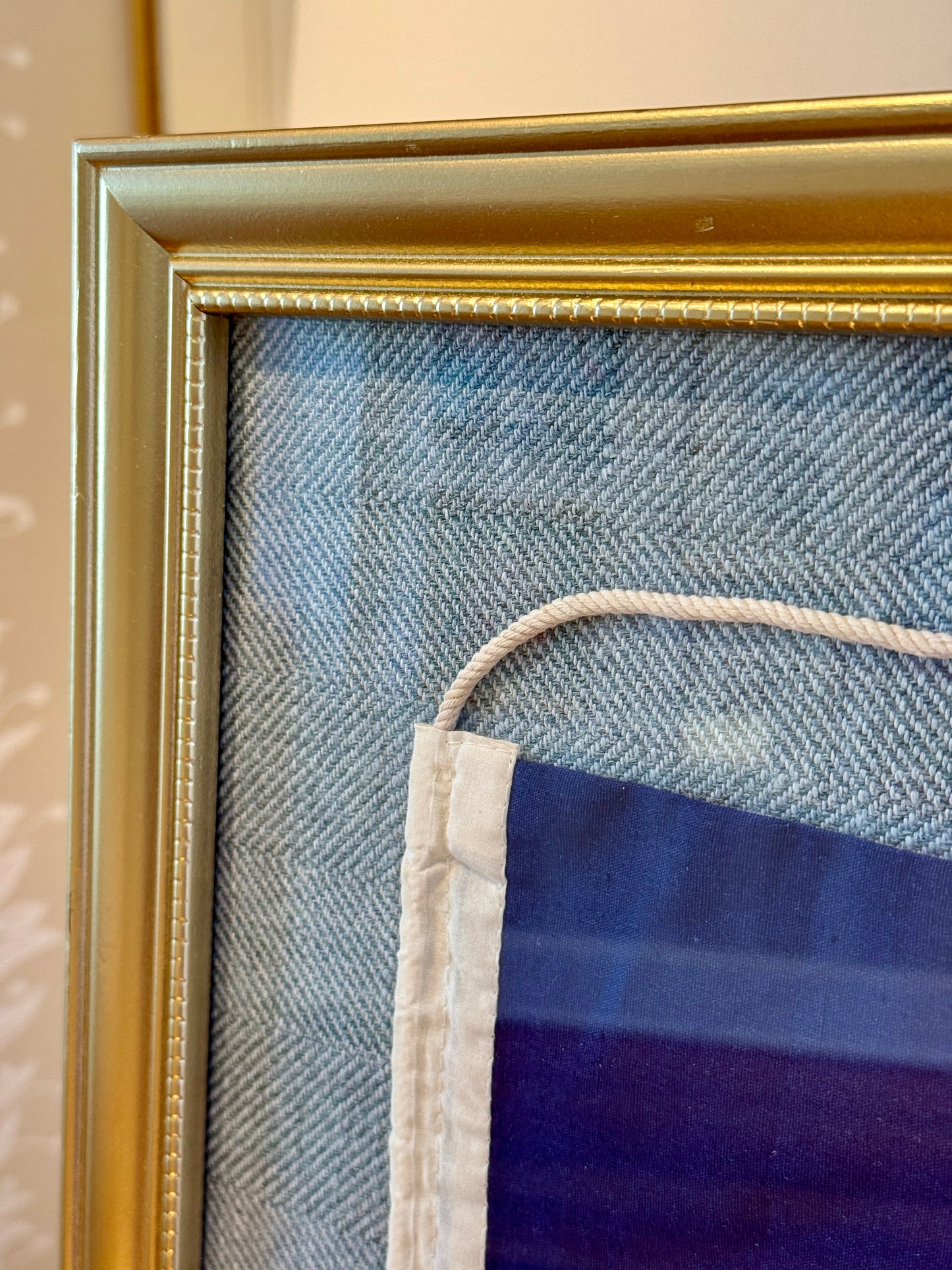 Vintage Cotton Canvas Nautical Signal Flag "J" / " Juliet" on Light Blue Herringbone in Gold Frame