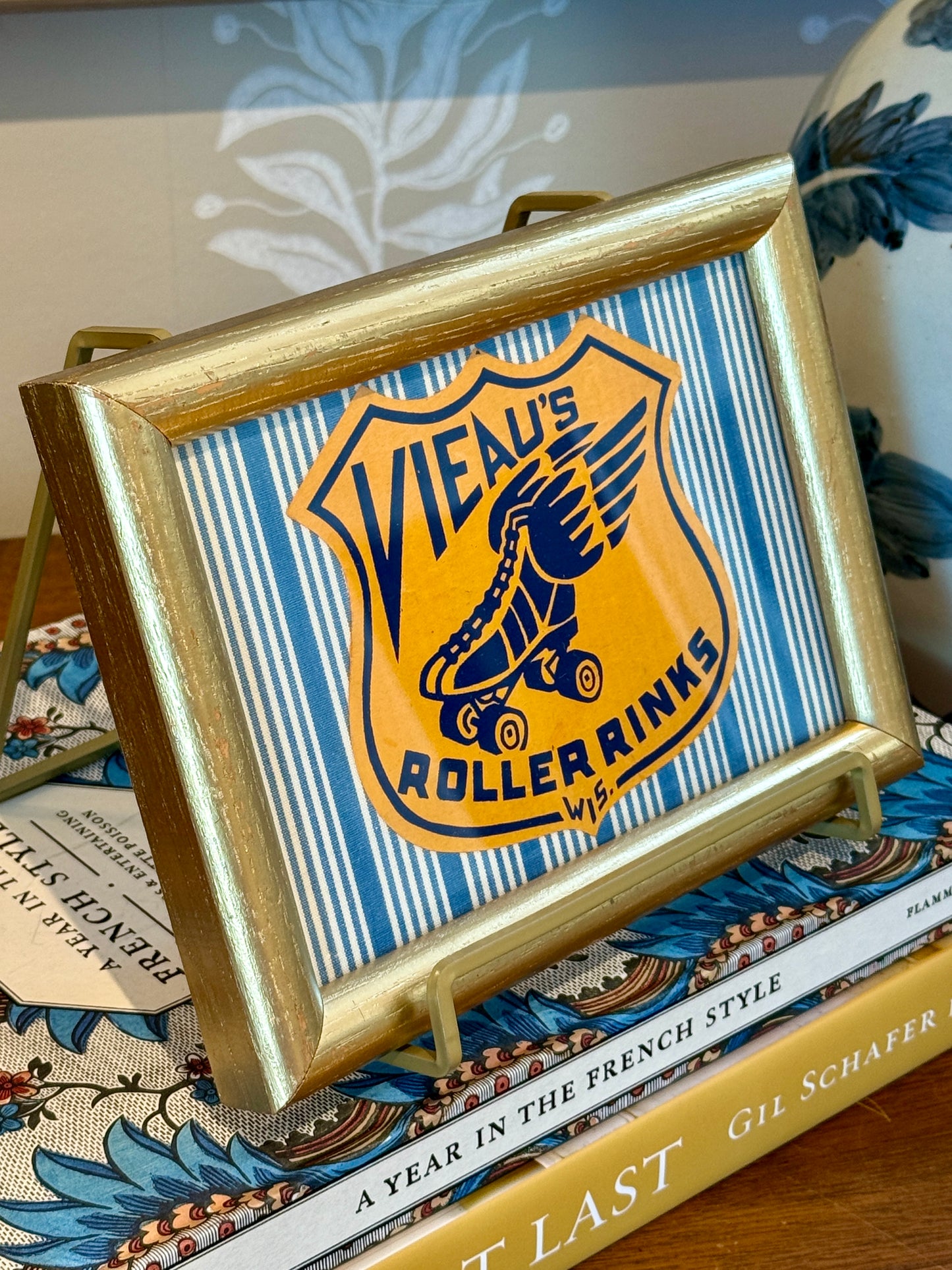 Vintage Roller Rink Patch on Blue Stripes in Gold Frame
