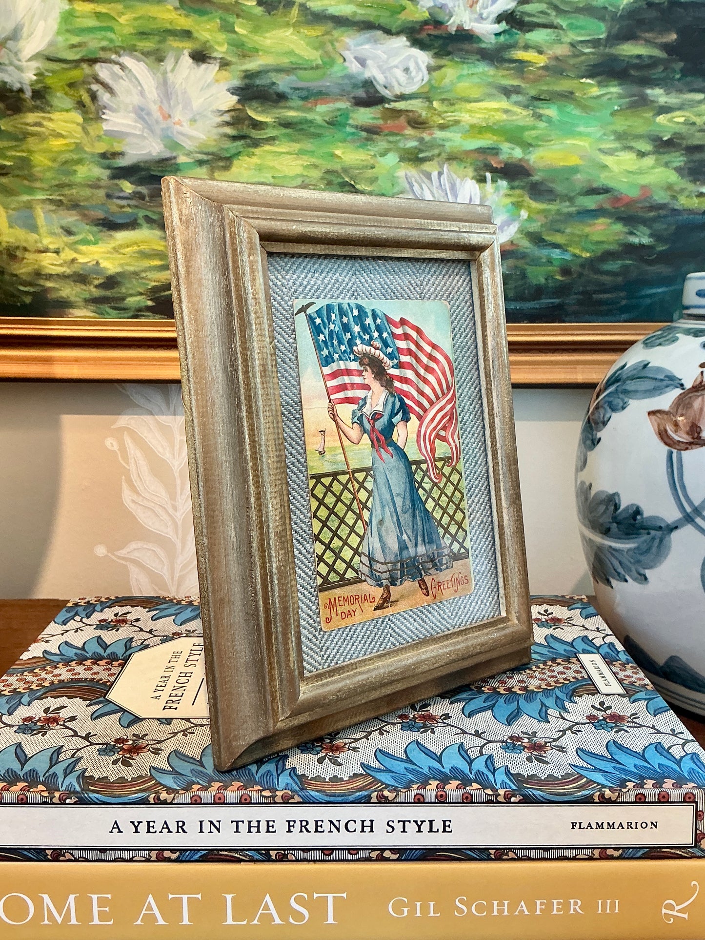 Antique Patriotic Memorial Day Nautical Postcard on Light Blue Herringbone in Gold Frame