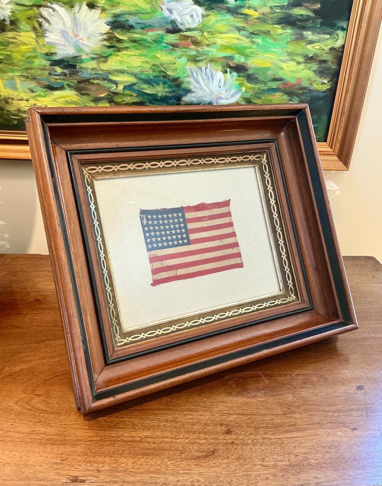 48 Star American Flag on Sail Cloth in Deep 19th Century Wood and Gilded Frame