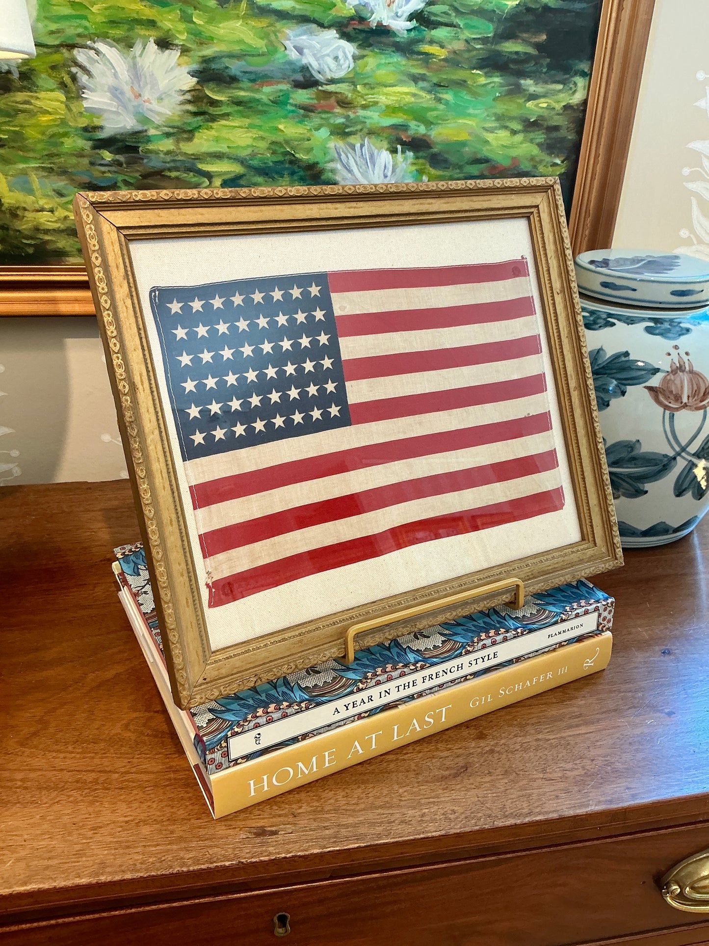 Vintage 48 Star American Flag on Sail Cloth in Antique Carved Gold Frame
