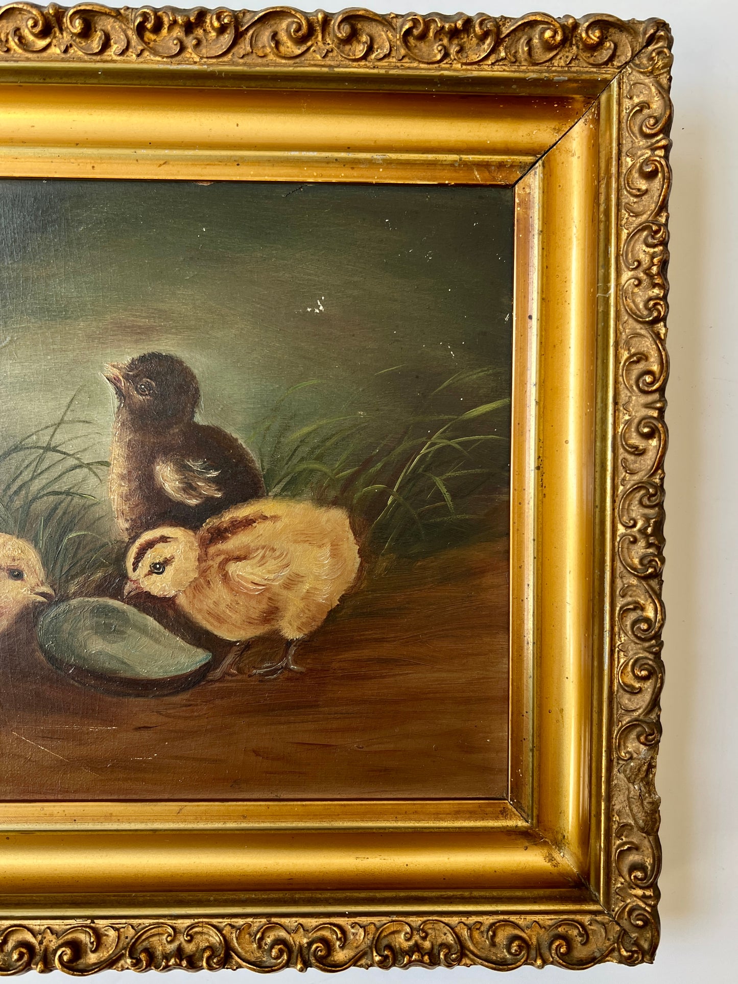 19th Century Chicks Eating From Oyster Shell Oil Painting in Original Gold Frame