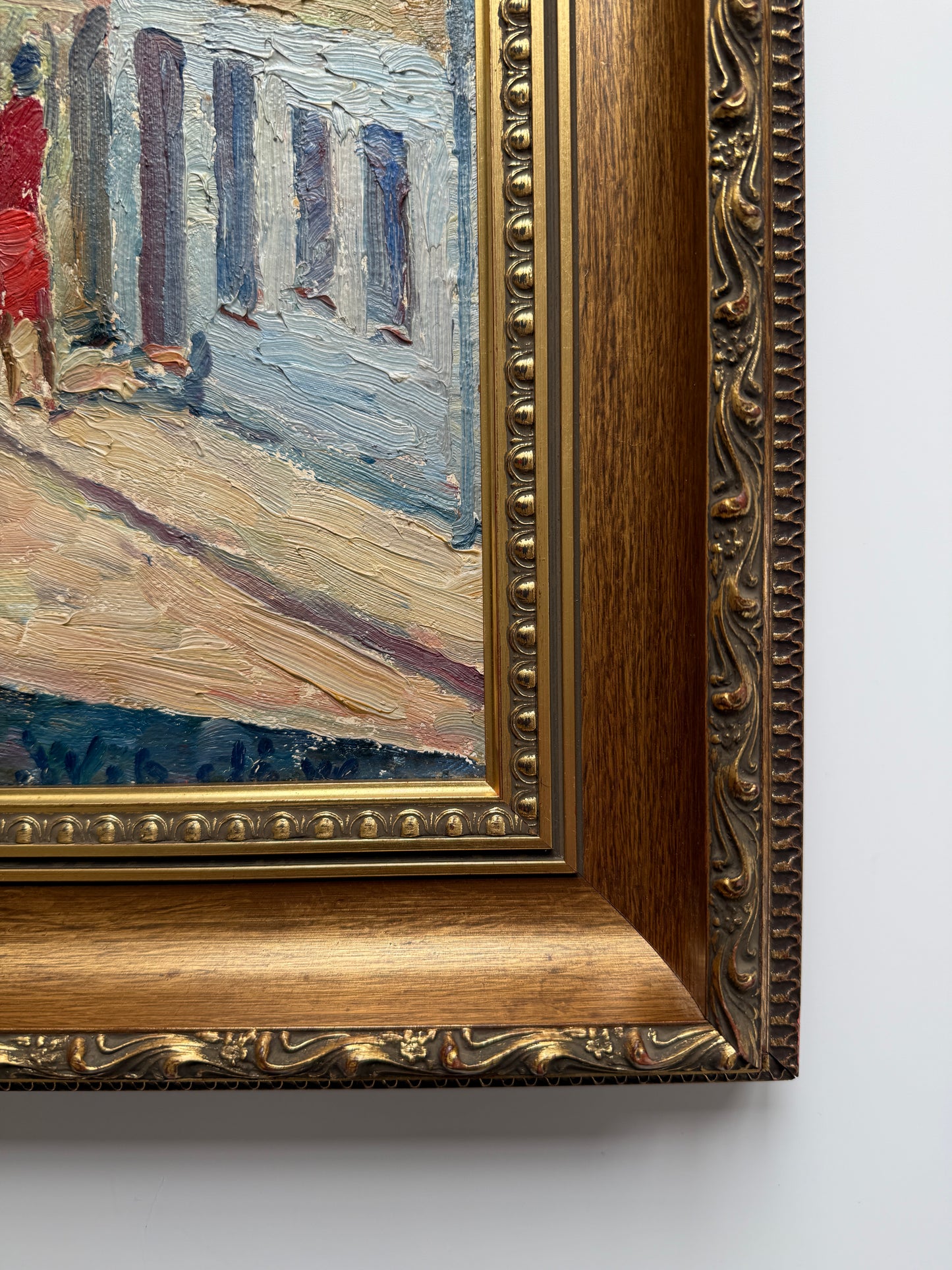 Vintage Modern Impressionist Sunny Coastal Townscape Oil Painting in Gold Frame