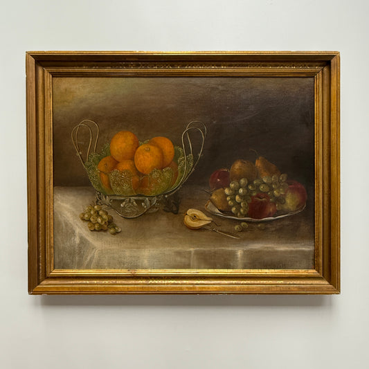 19th C. American Still Life Oranges in Cut Crystal Bowl Oil Painting in Gold Frame