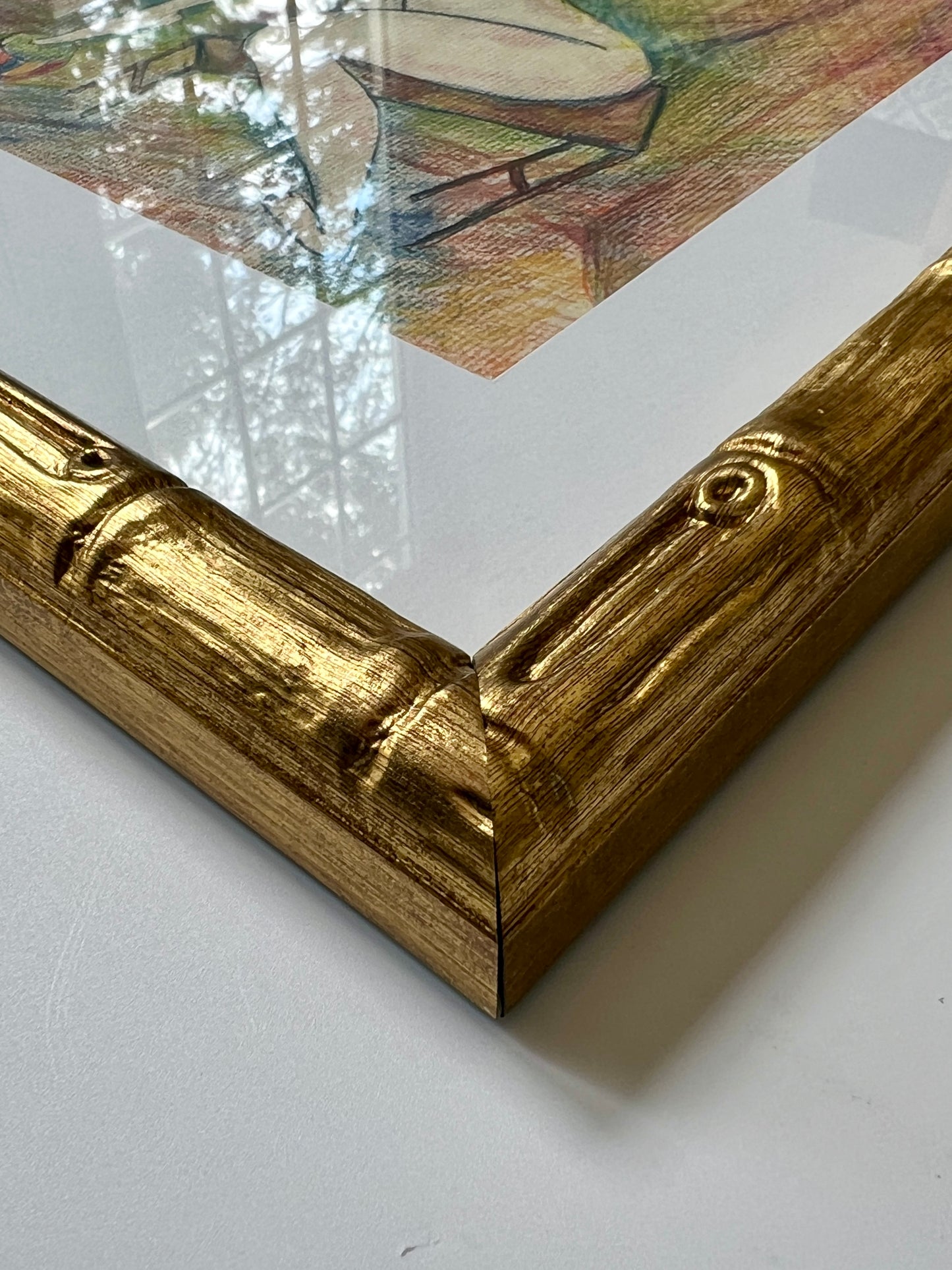 Mid Century Abstract Nude Portrait of a Seated Woman in Light Gold Bamboo Frame