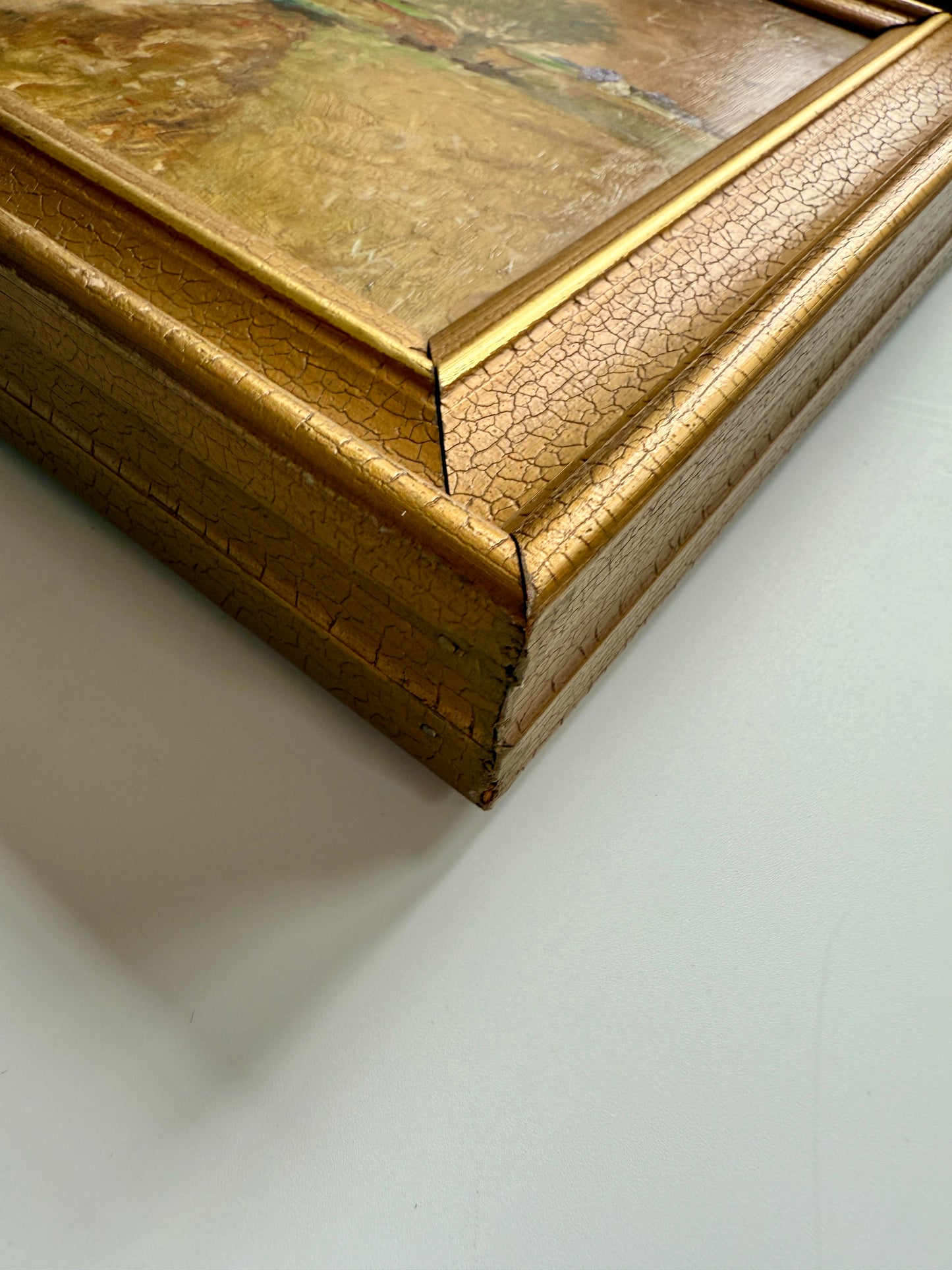 Vintage Impressionist Country Road Landscape Oil Painting in Gold Frame