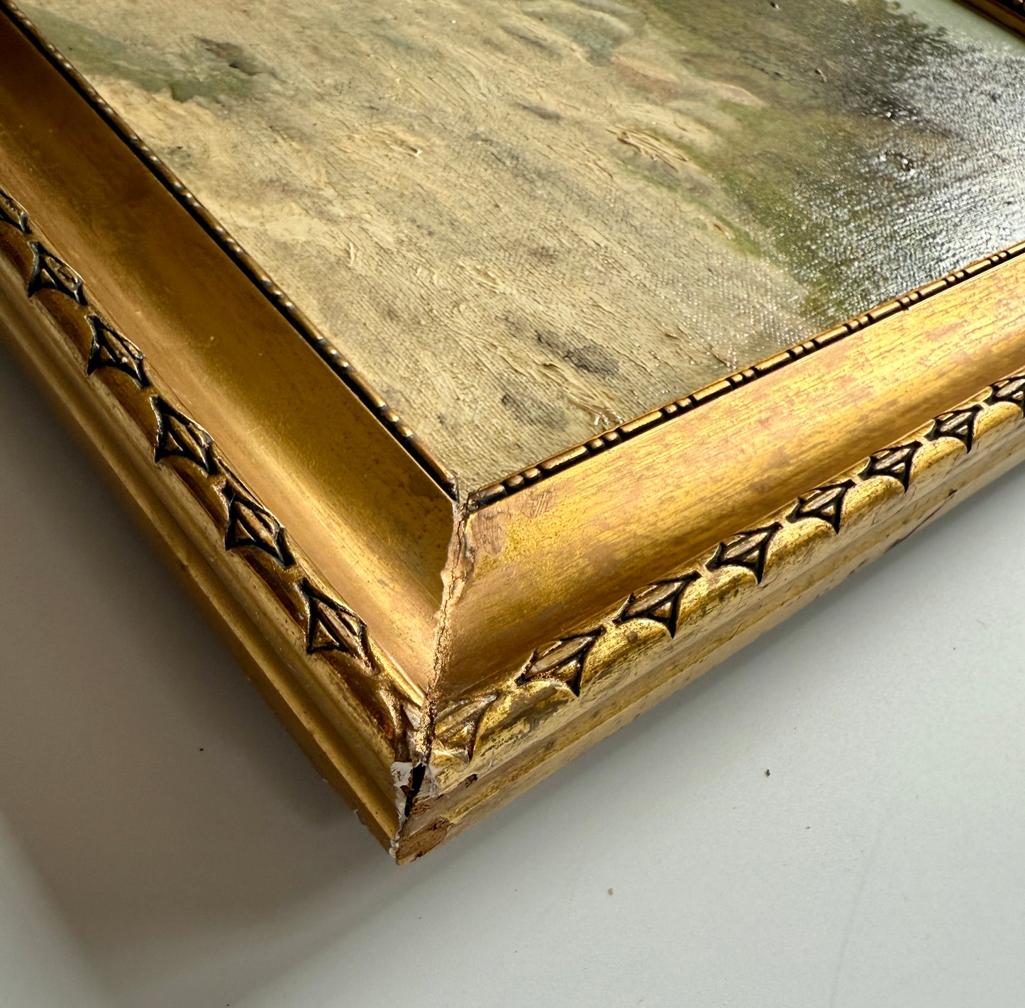 Vintage Wooded Coastal Landscape Oil Painting in Scalloped Gold Frame