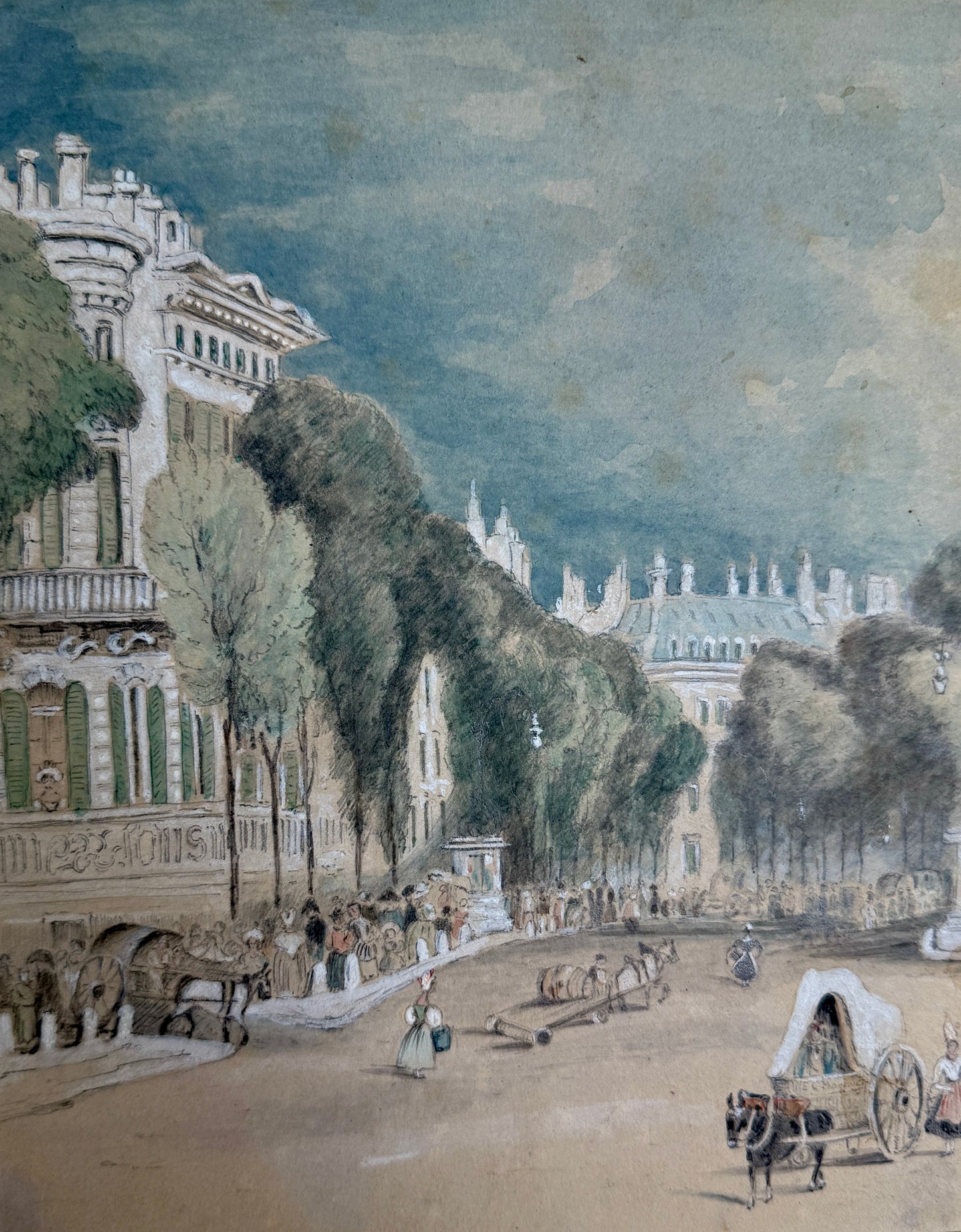 1833 French Street Scene Boulevard des Italiens Paris France Watercolor Painting in Gold Frame