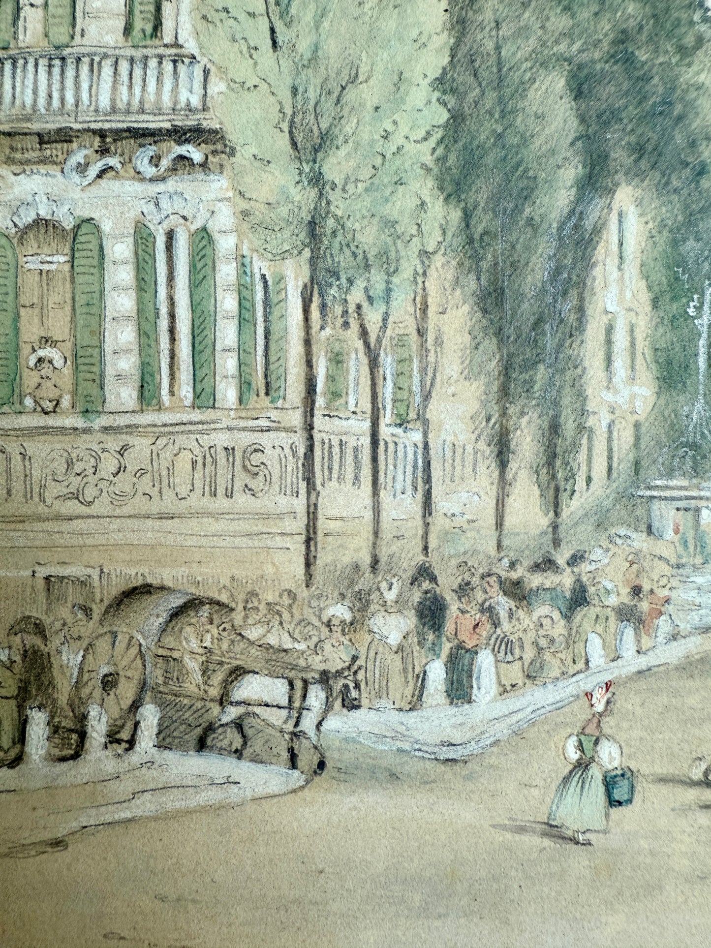 1833 French Street Scene Boulevard des Italiens Paris France Watercolor Painting in Gold Frame