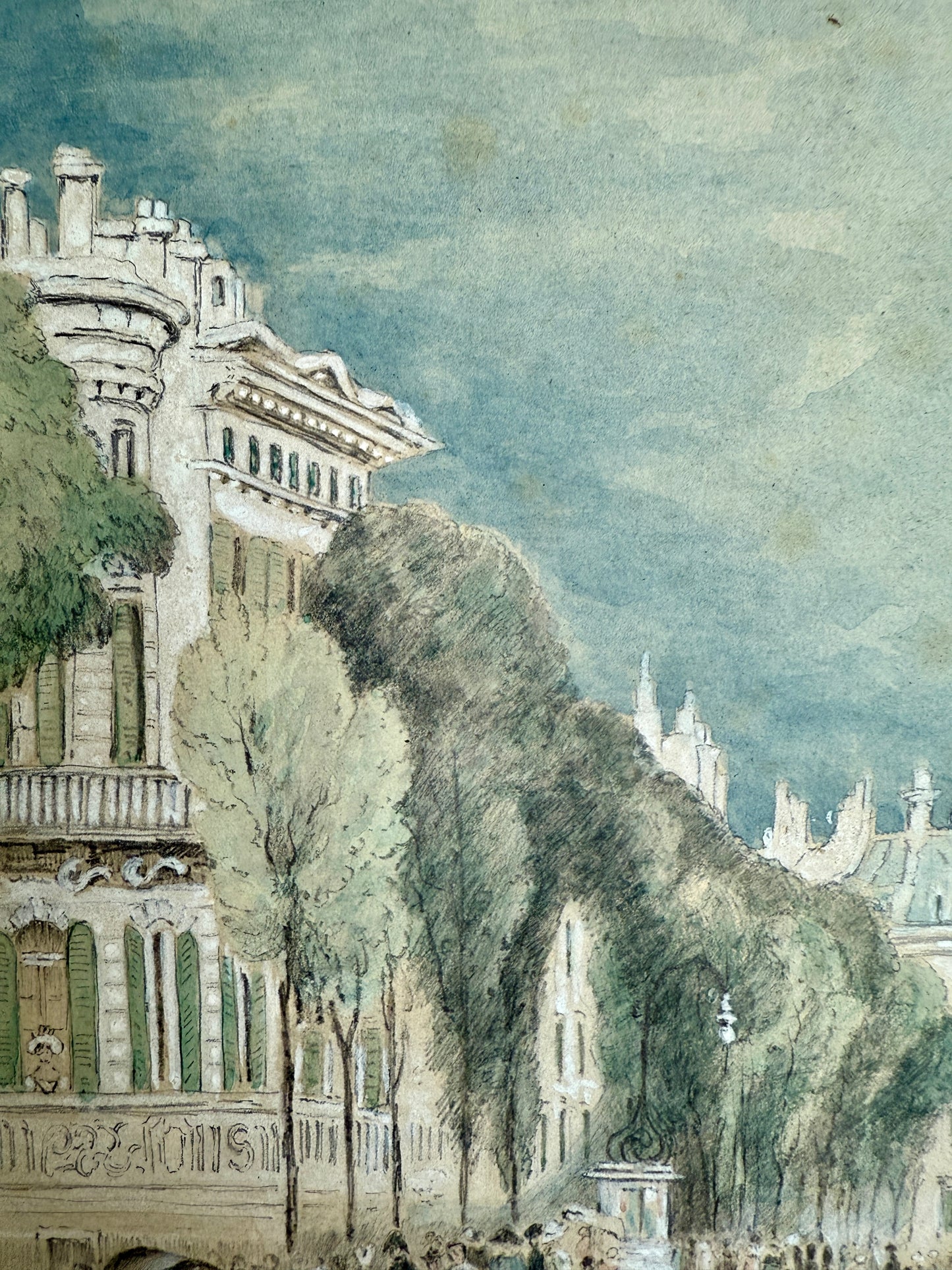 1833 French Street Scene Boulevard des Italiens Paris France Watercolor Painting in Gold Frame