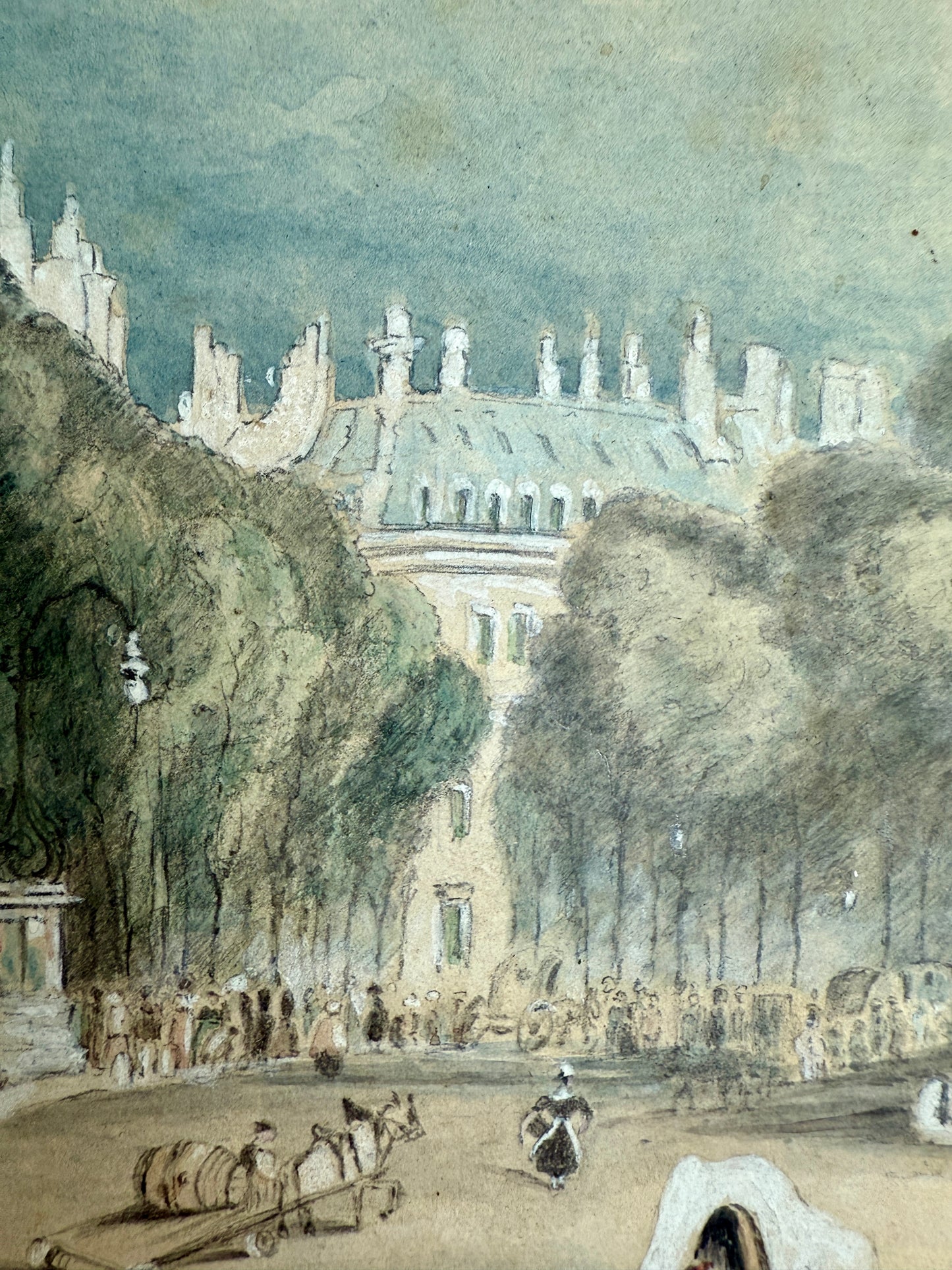 1833 French Street Scene Boulevard des Italiens Paris France Watercolor Painting in Gold Frame