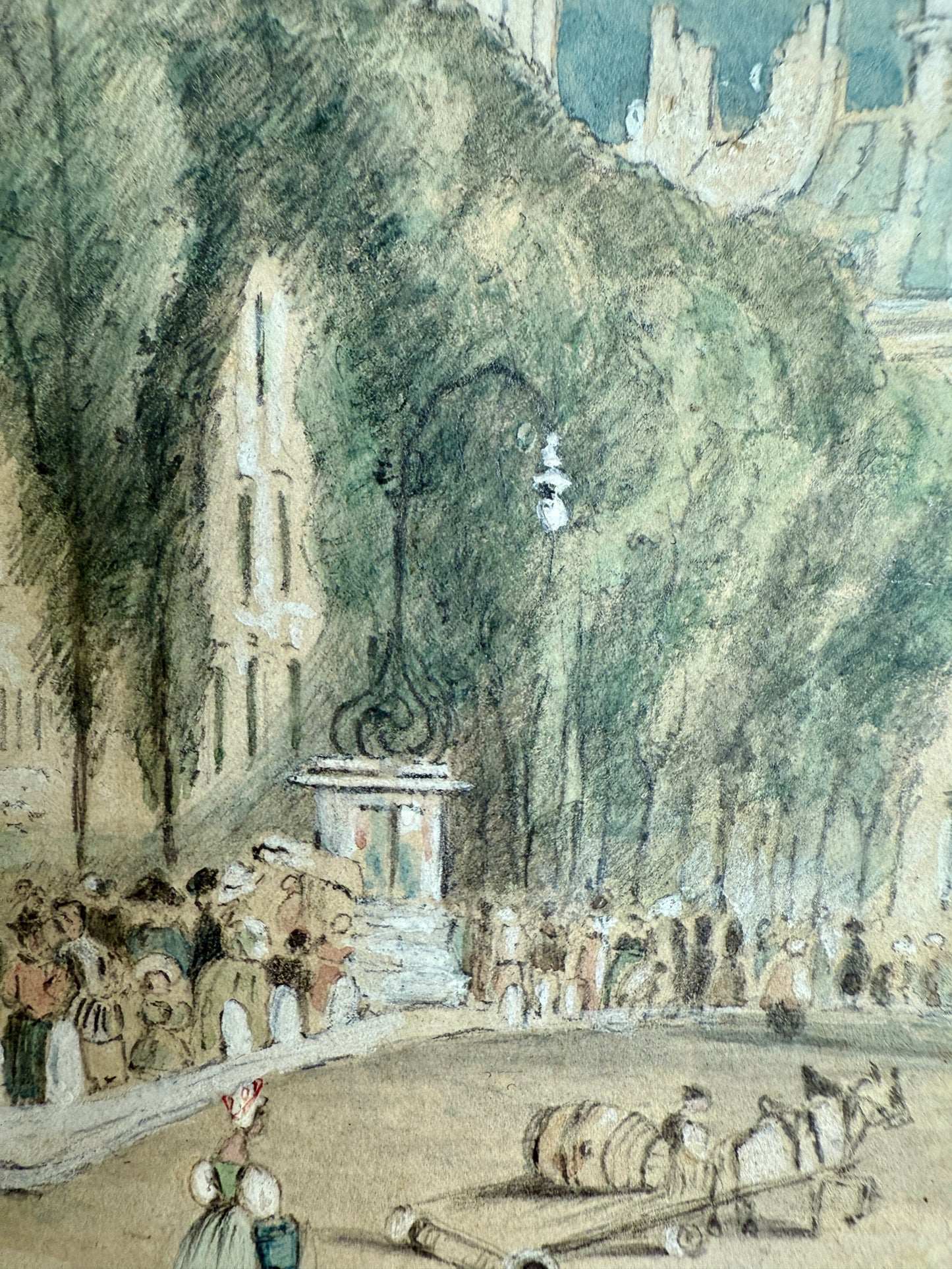 1833 French Street Scene Boulevard des Italiens Paris France Watercolor Painting in Gold Frame