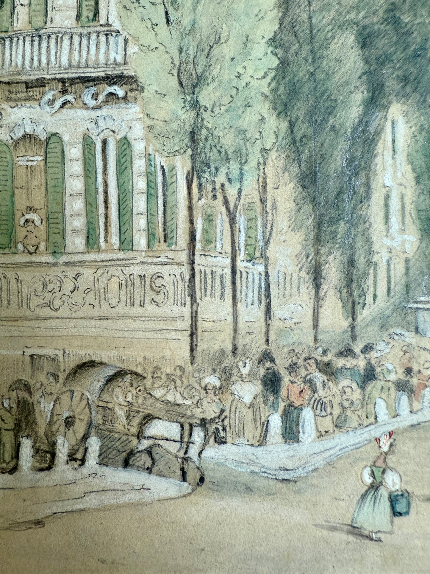 1833 French Street Scene Boulevard des Italiens Paris France Watercolor Painting in Gold Frame