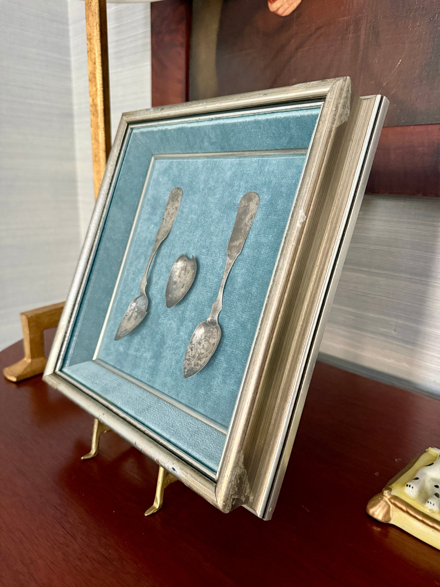 Antique Sterling Silver Hand Forged Spoon Trio on Blue Velvet in Silver Shadowbox