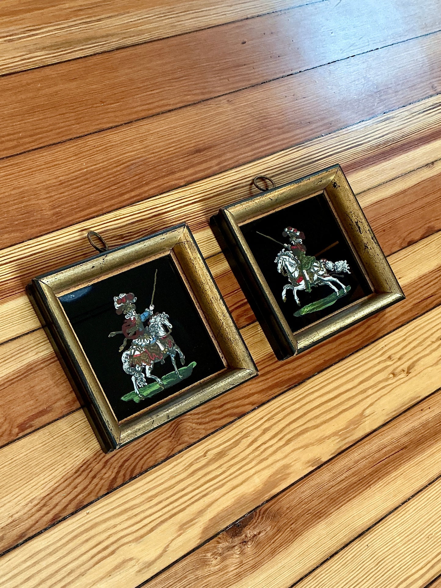 Pair of Reverse Painted Knights on Horseback Portraits in Gold Frames
