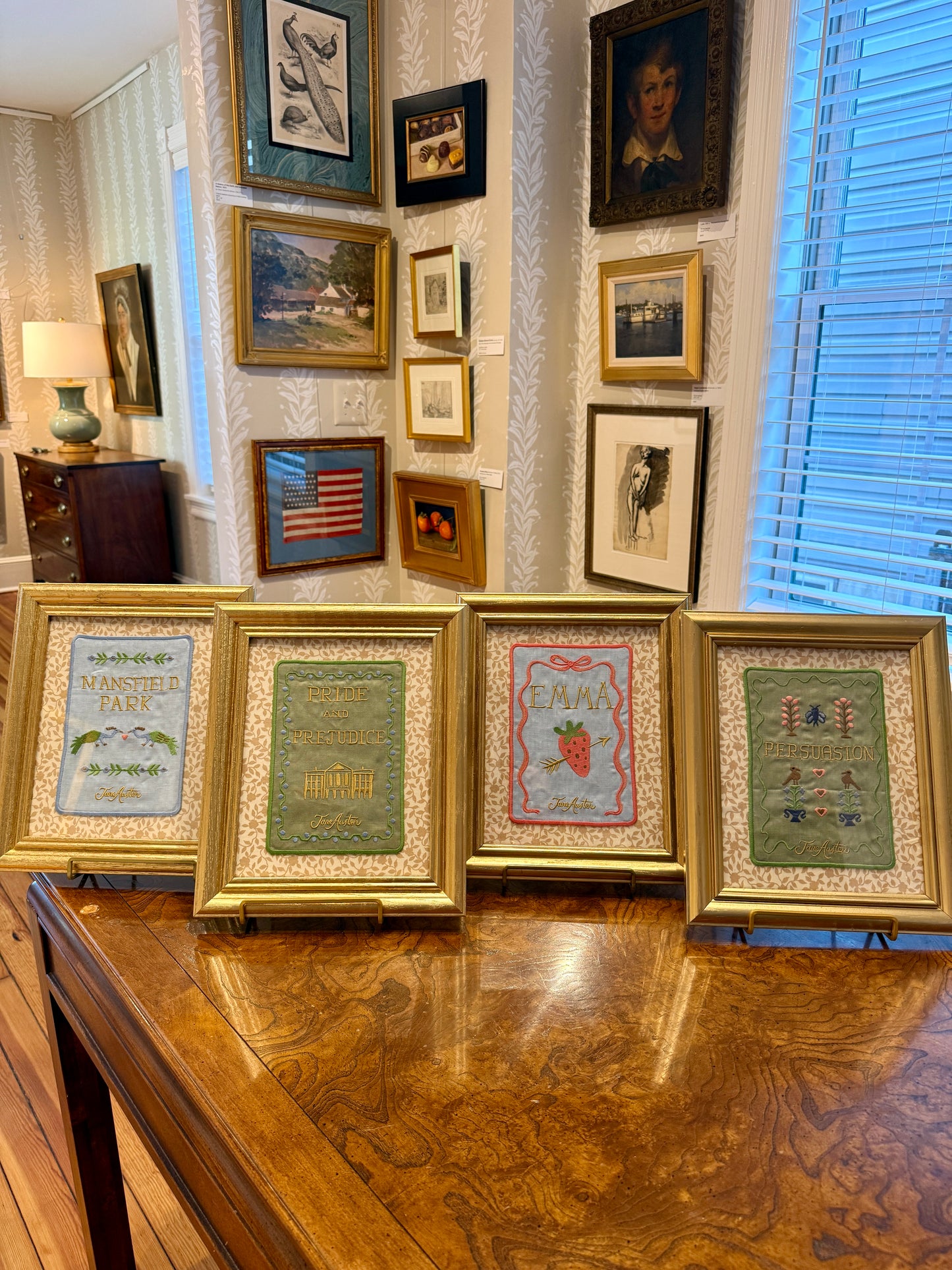 Jane Austen Novels Set of Four Emroidered Linen Books on Brunschwig & Fils Floral in Gold Frames