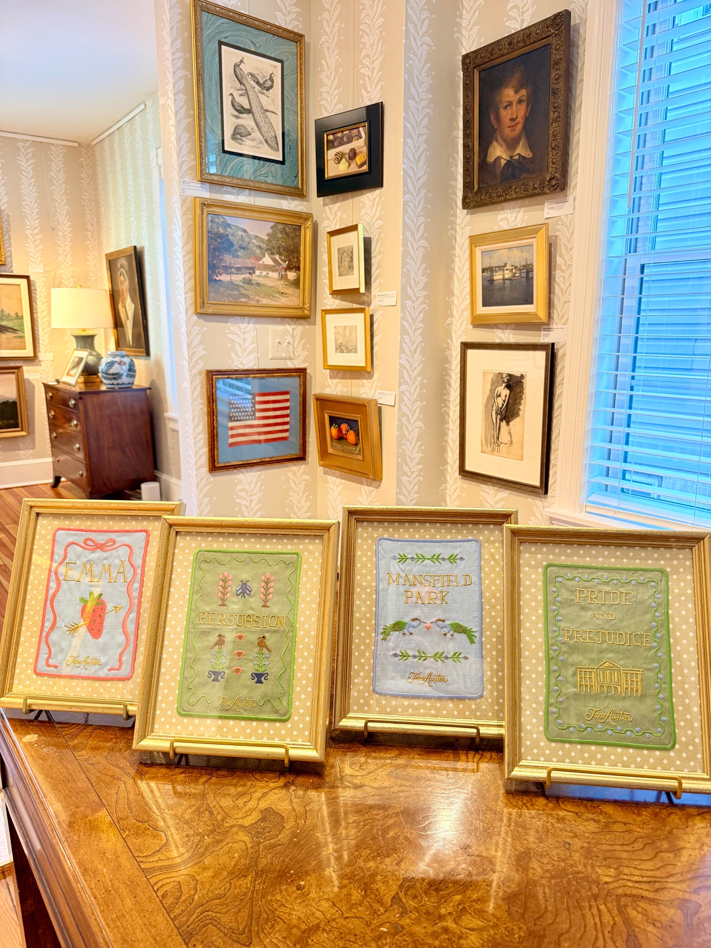 Jane Austen Novels Set of Four Emroidered Linen Books on Iona Crawford Jevington Fabric in Gold Frames
