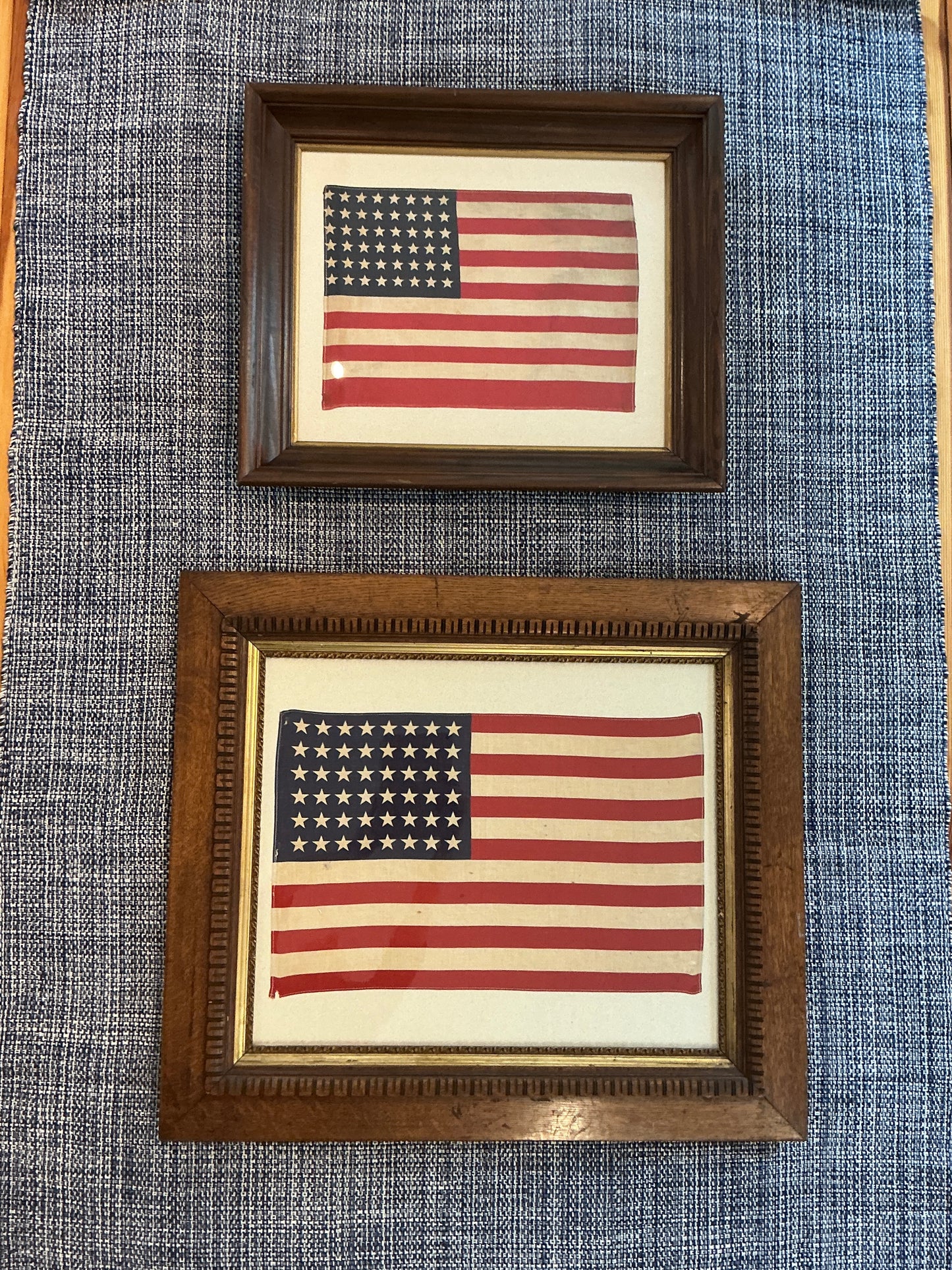 Vintage 48 Star American Flag on Sail Cloth in Antique Ornate Oak Wood Frame
