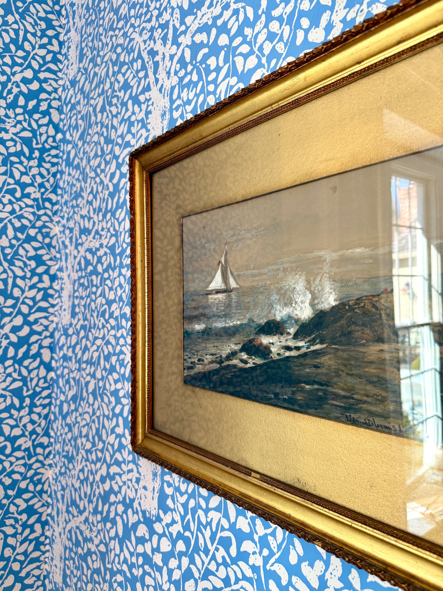 19th c. Edmund Darch Lewis Coastal American Landscape with Sailboat Watercolor and Gouache Painting in Gold Frame